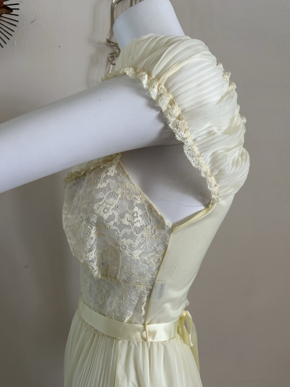 1970s Edwards Yellow Lace Nylon Gown Pleated Prairie Romantic Maxi Dress VTG