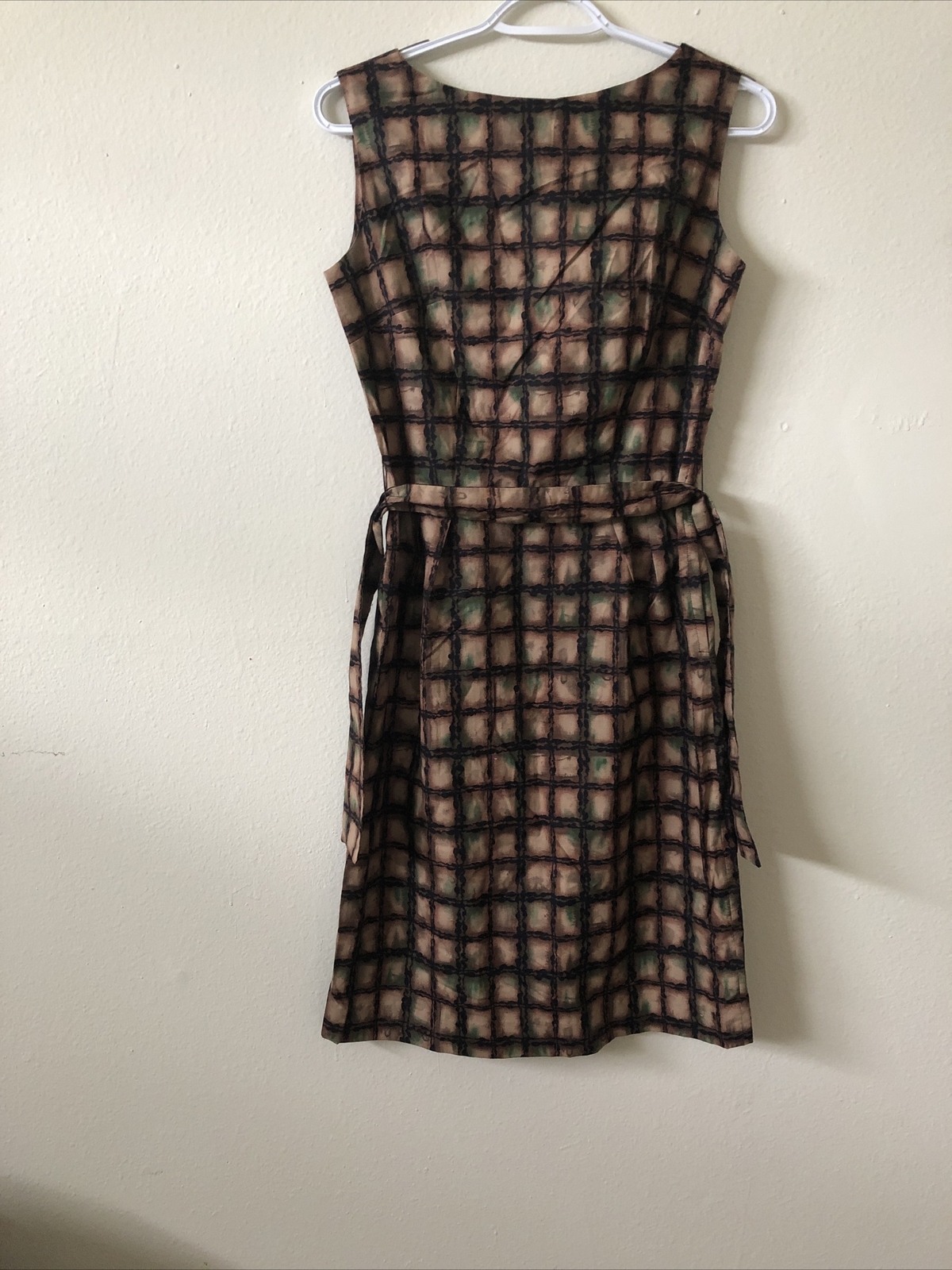 VTG 1950s 3pc Cotton Dress Set Brown Green Black Print Size S/M New Old Stock
