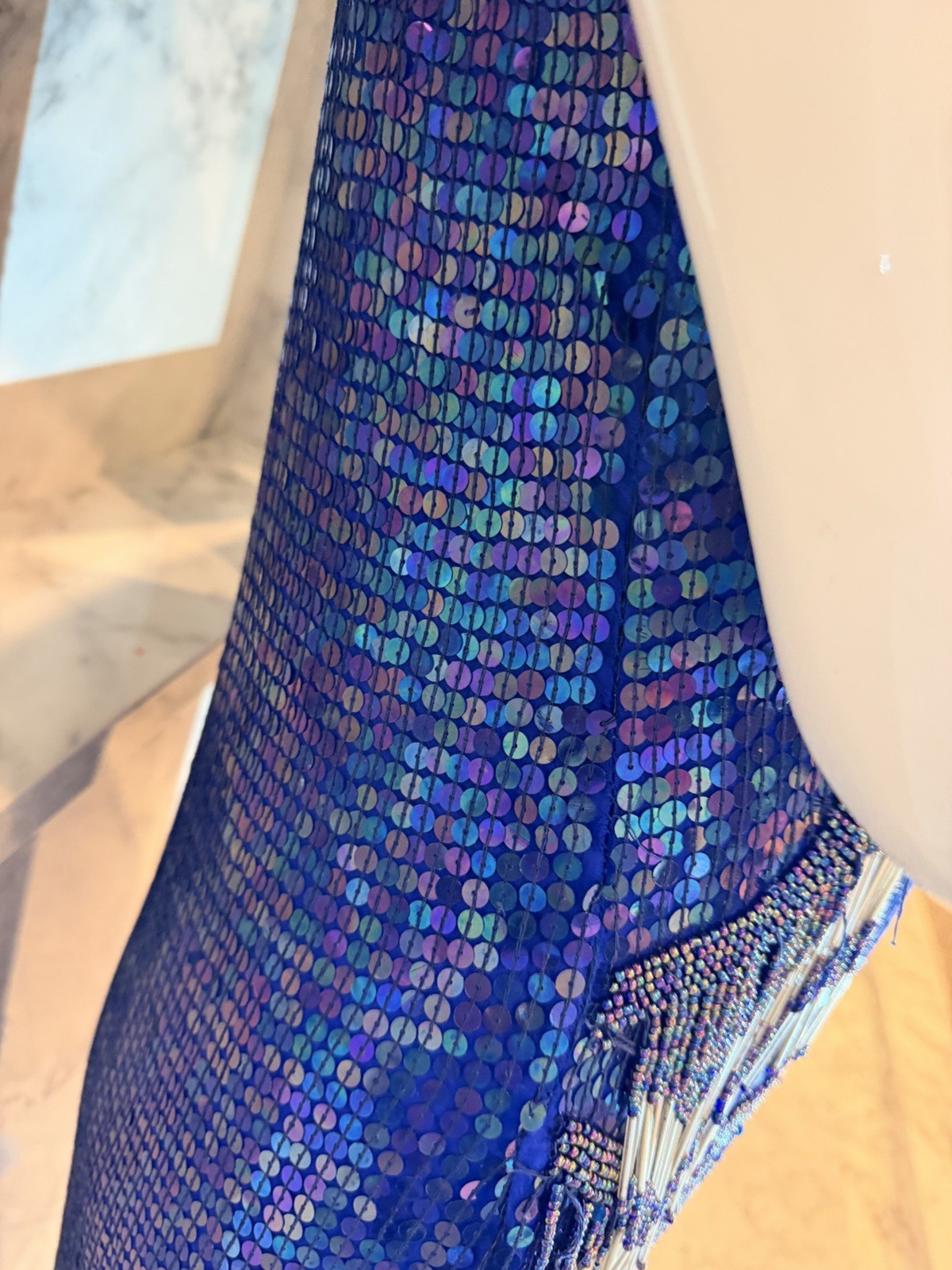 Vintage Laurence Kazar Blue Sequin Beaded Silk Cocktail Dress Fringe Art Deco M