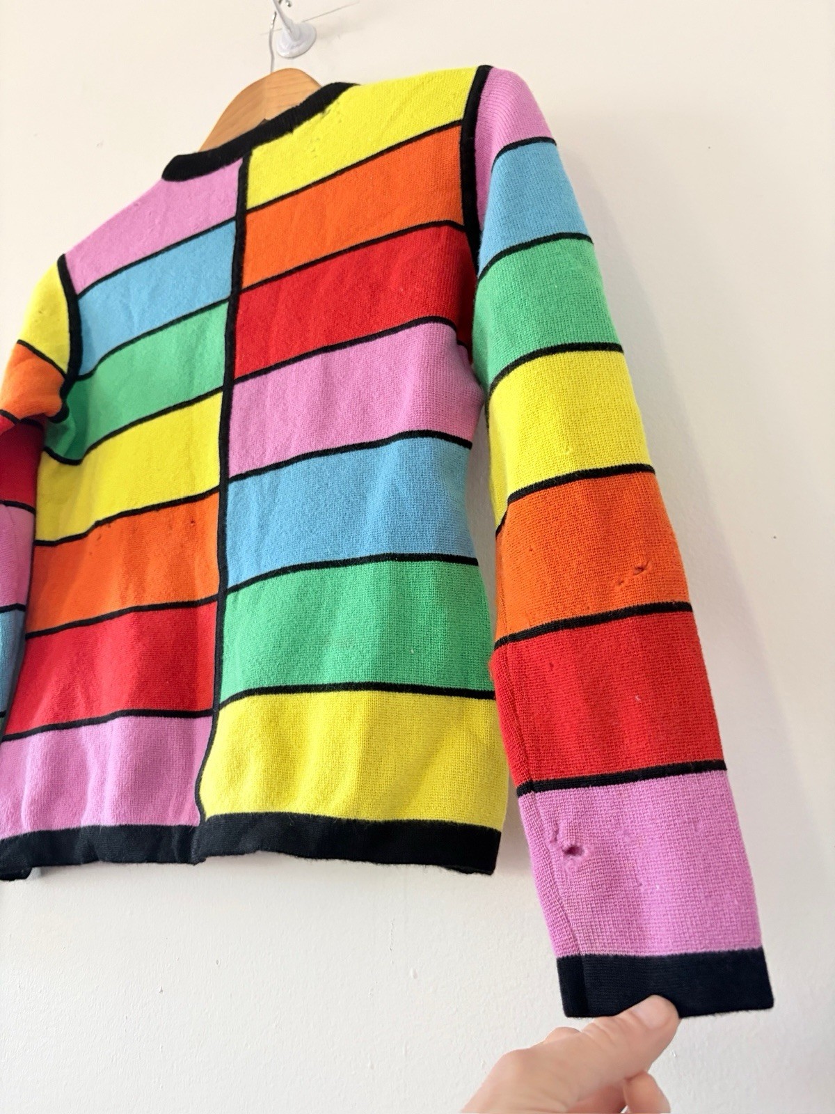 1960s Mod Geometric Color-Block Day Glo/Rainbow Wool Crewneck Sweater AS IS