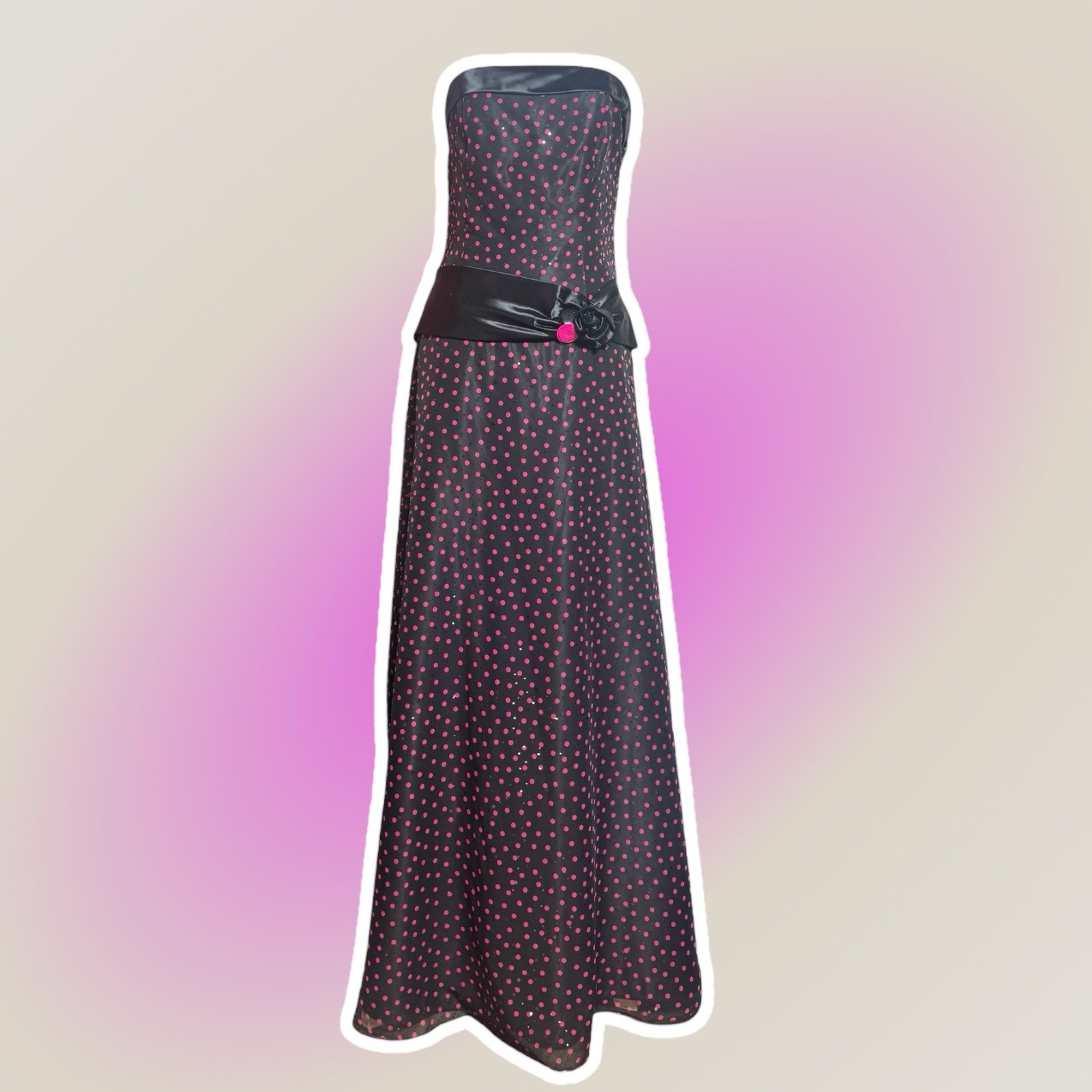 Vintage 80s Prom Style Gown Black Pink Polka Dot Custom made 30in waist