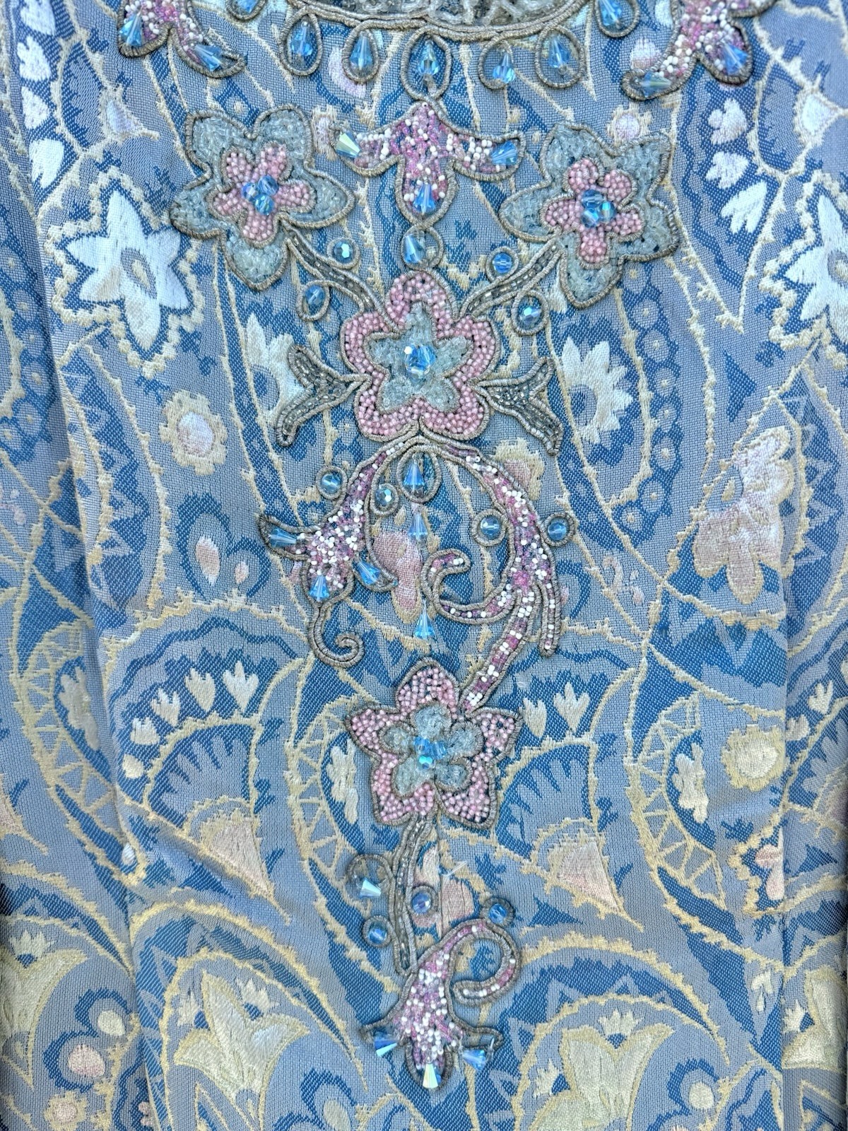 Vtg 60s 70s Beaded Tunic Top & Pants Set, Blue And Pink, With Waist Tie