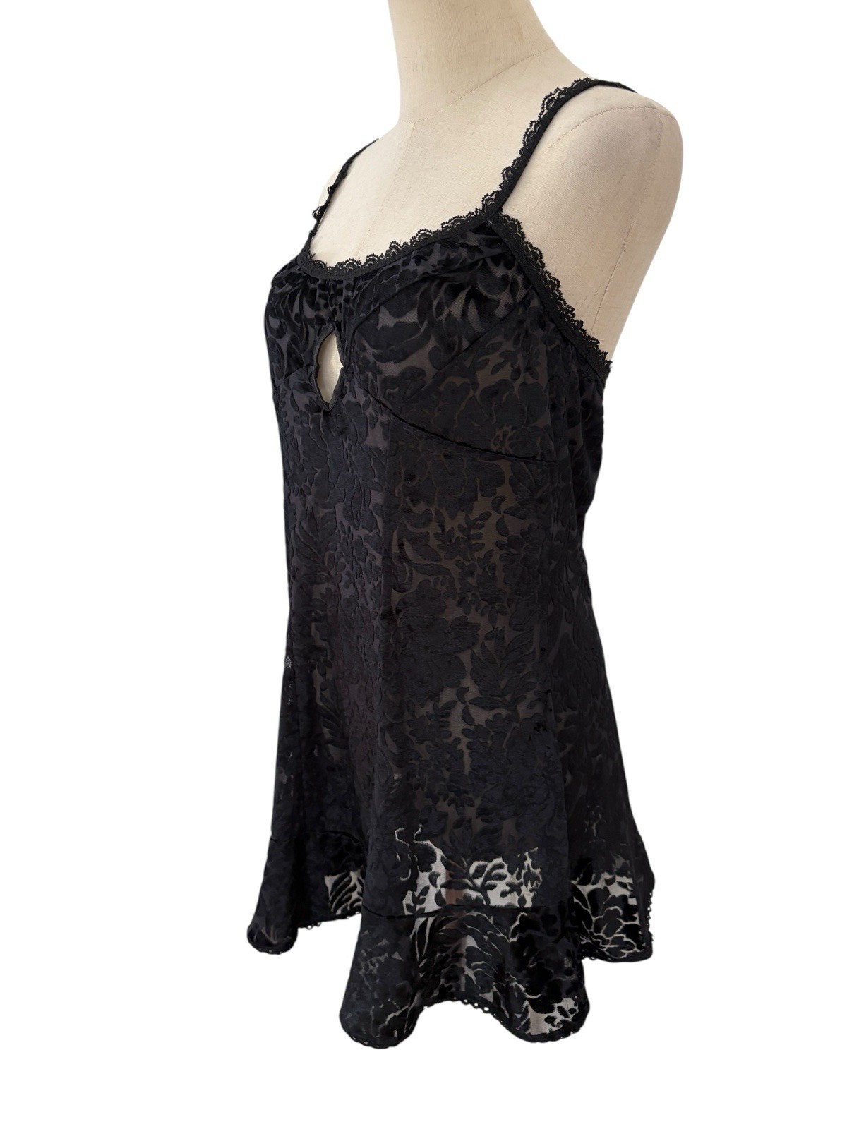 Vtg 90s Intimates By Flora Black Burnout Velvet Babydoll Nightie Lace Keyhole M