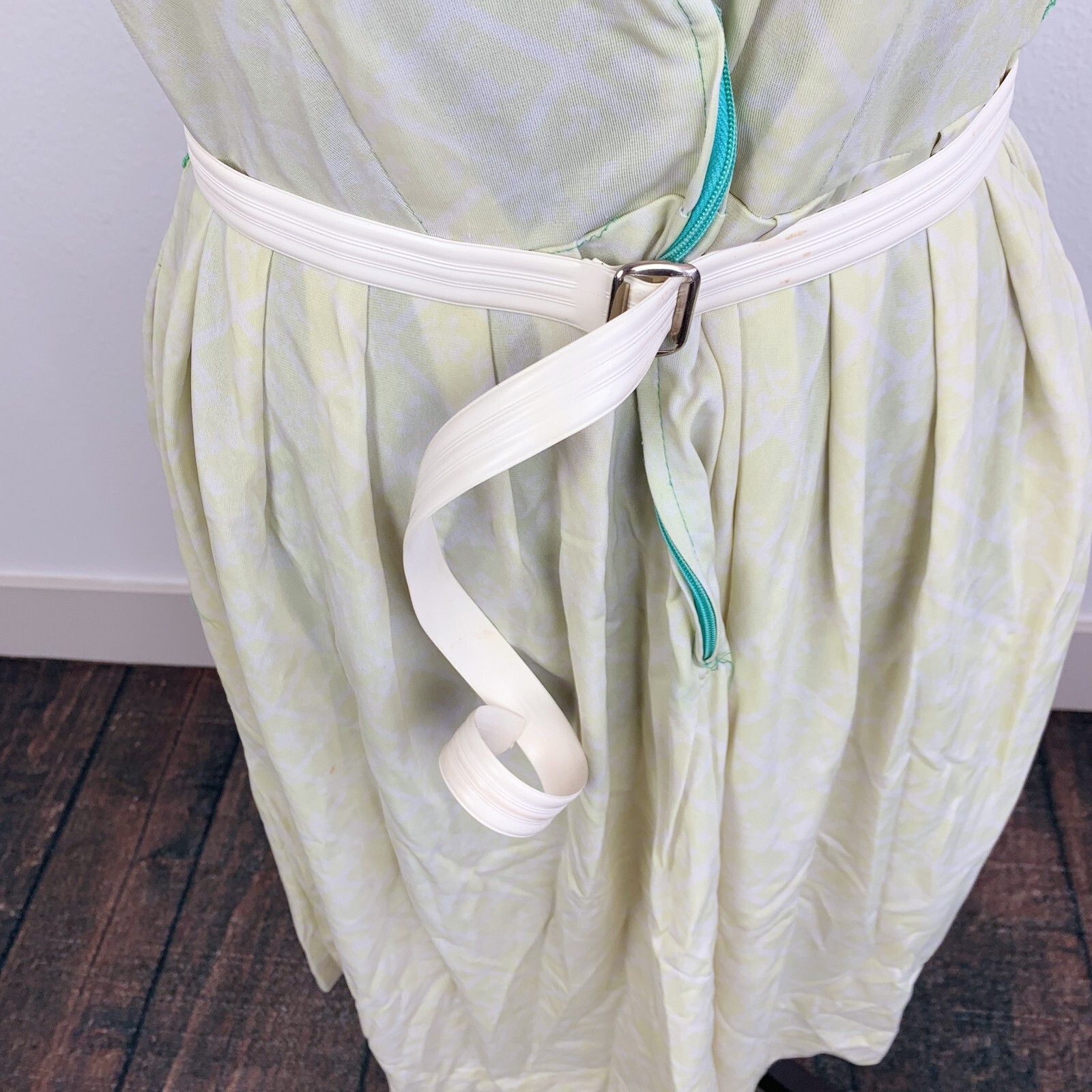 Vintage 60s The Stroller Yellow Aqua Zipper Cutter Dress Twee Belt Size 16.5