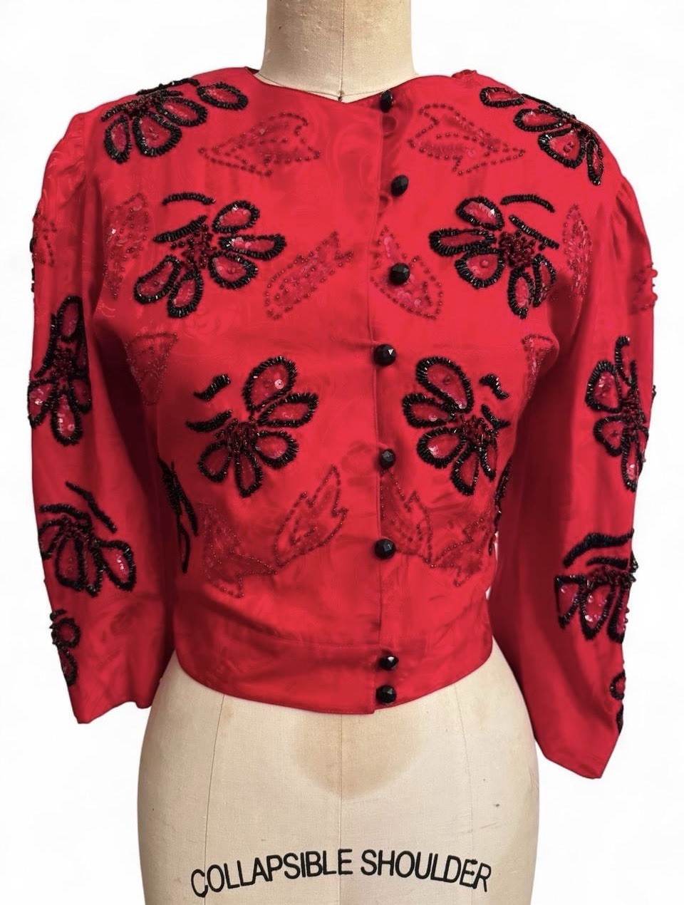 Vintage Red silk puff sleeve Beaded sequin Button down floral bolero jacket coat