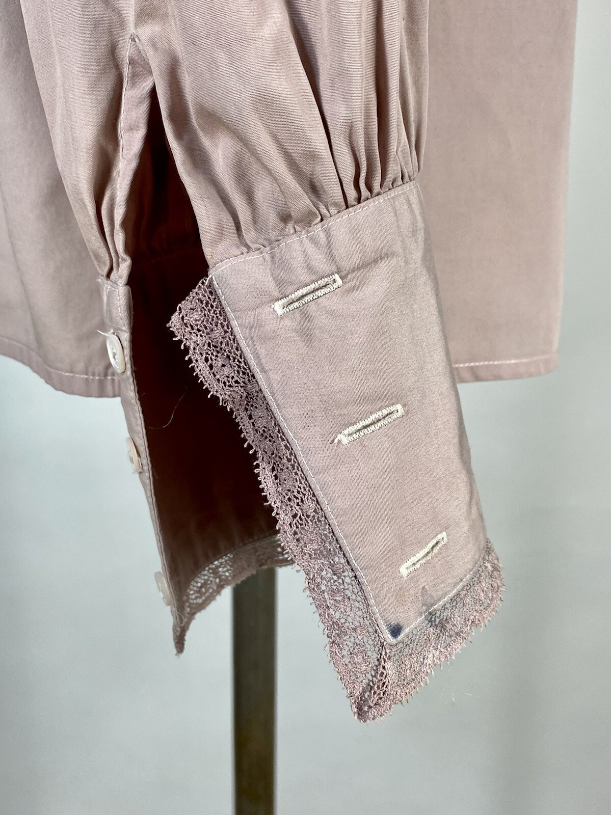 Vintage 1980&rsquo;s REGENCY style distressed over-dyed Lilac purple ruffle blouse Med