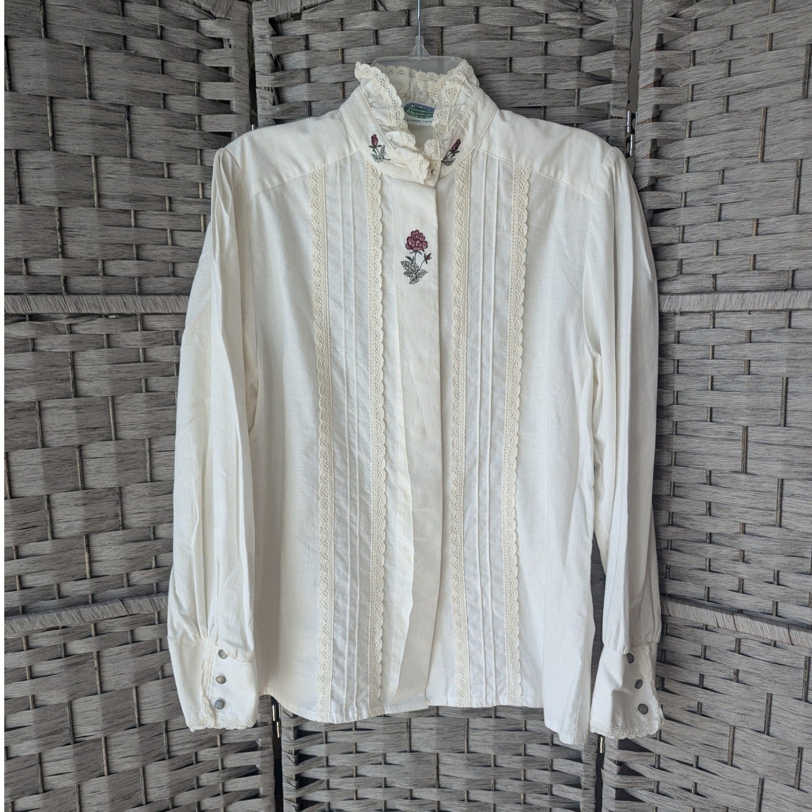 Vtg 90s Trachtenmoden Alpentraum Blouse Cream Floral Lace Embroidery Germany 12