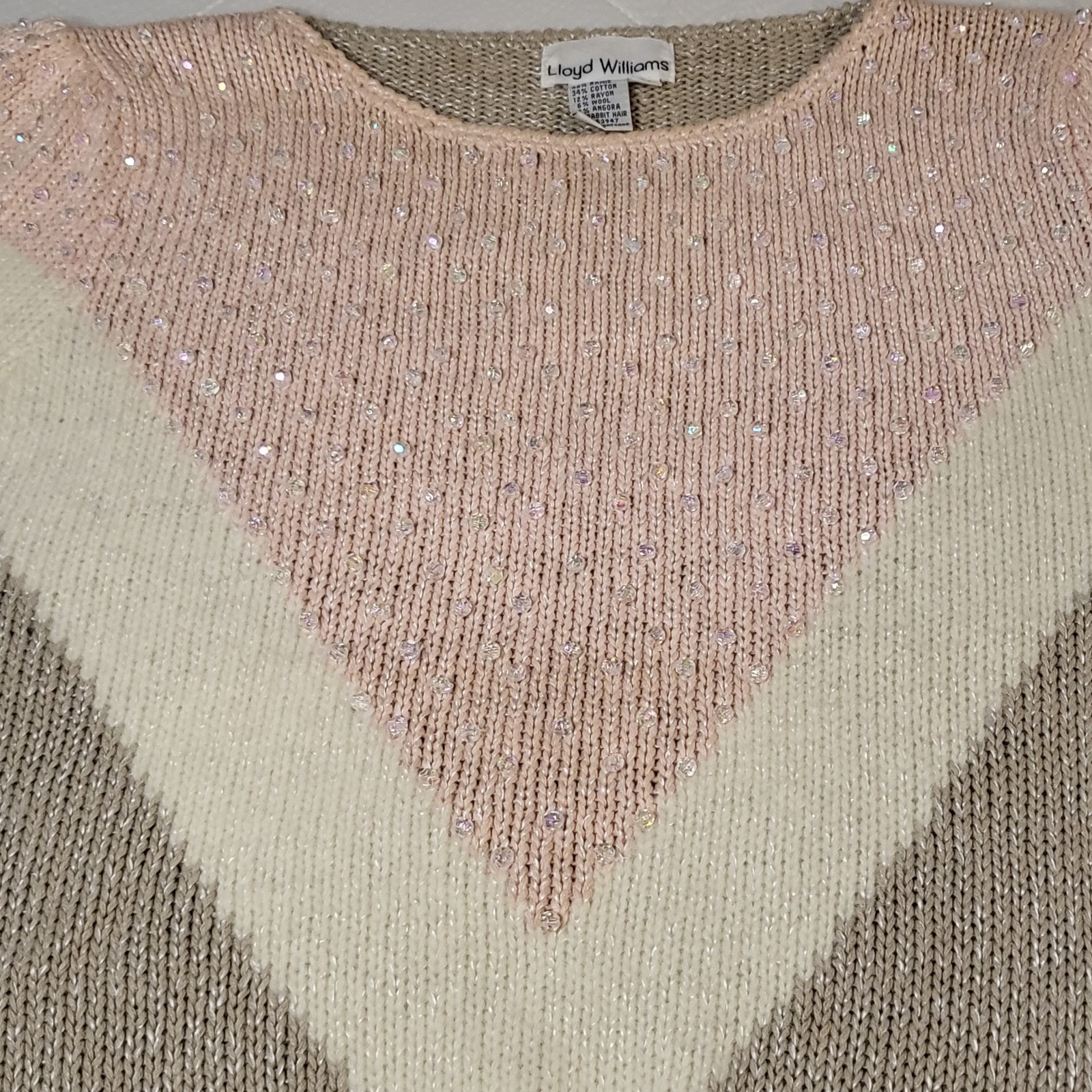 80s Vtg Angora Beaded Pullover Knit Grandma Sweater Women&rsquo;s M Pink Colorblock