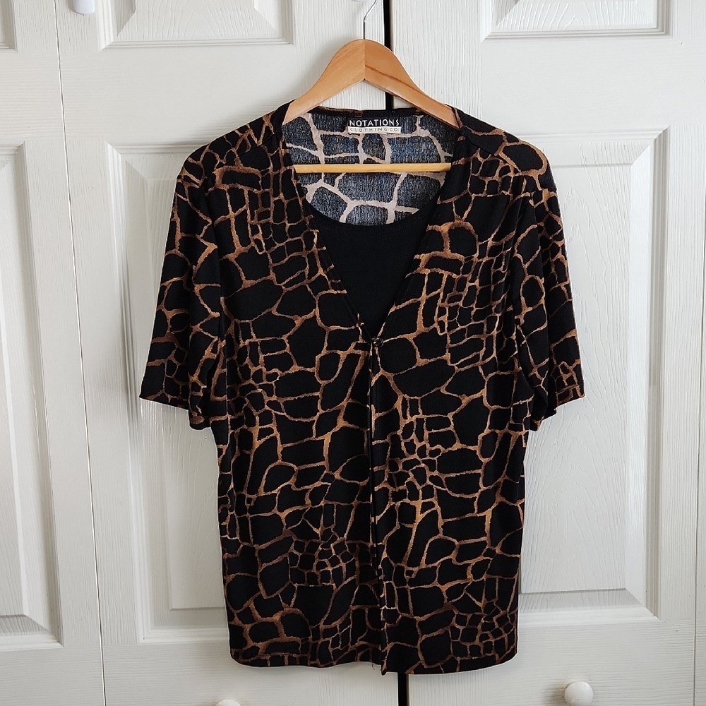 Vintage Notations Black and Brown Giraffe Print 2 In 1 Blouse Size Med Animal
