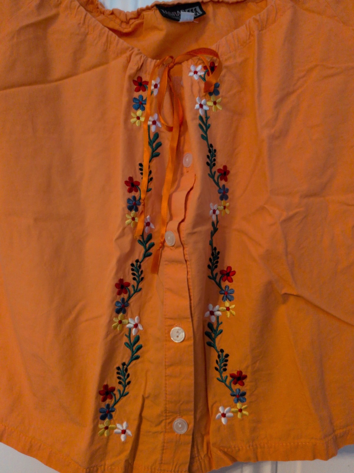Vintage Women&rsquo;s Embroidered Cotton 3/4 Sleeve Orange Adjustable Drawstring Top M