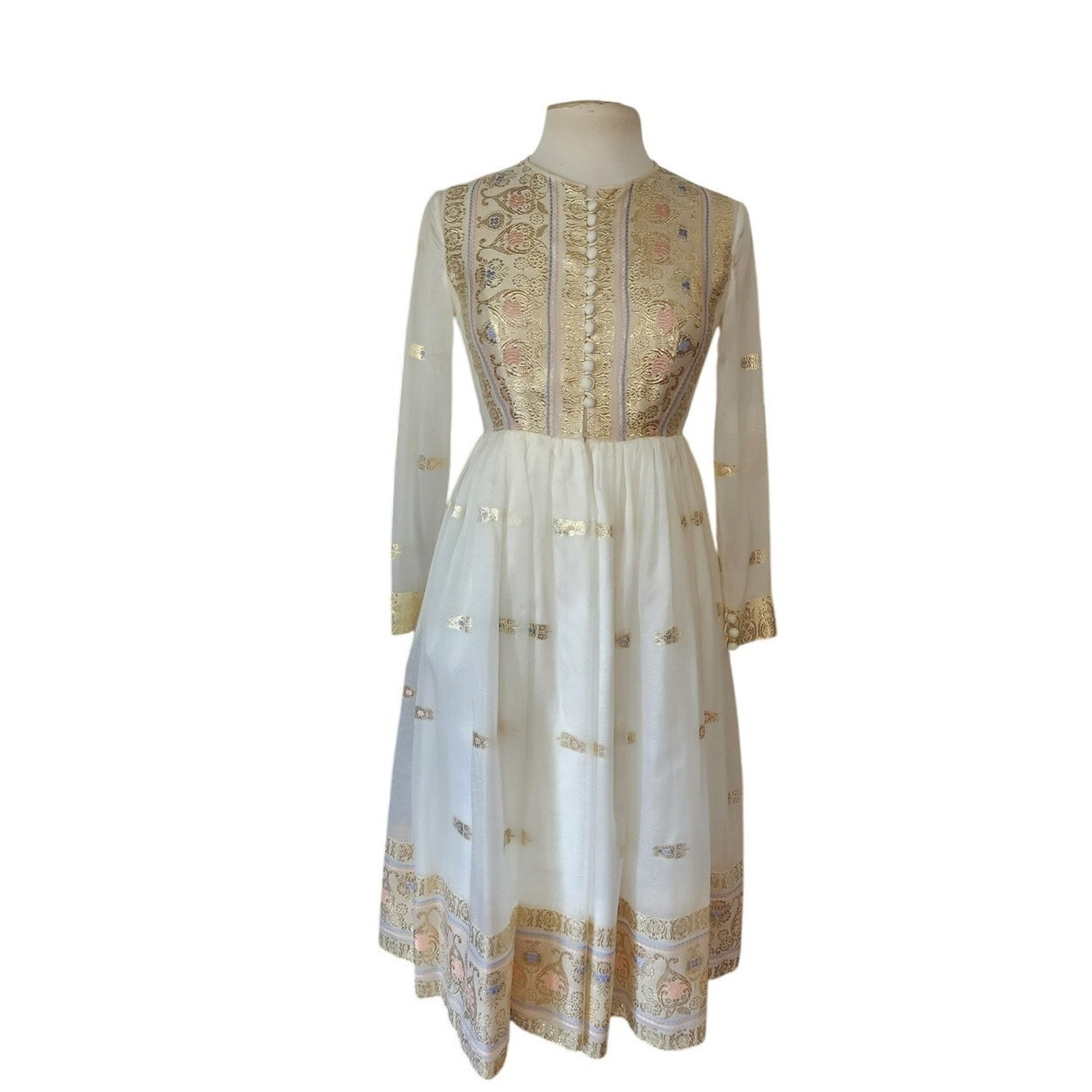 Vintage 60s 70s Exotic Midi Dress Gold Brocade White Organza Chuck Howard