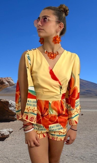 Short Romper Yellow Flower Fantasy Size S Small long Sleeves Wood Beaded Accents