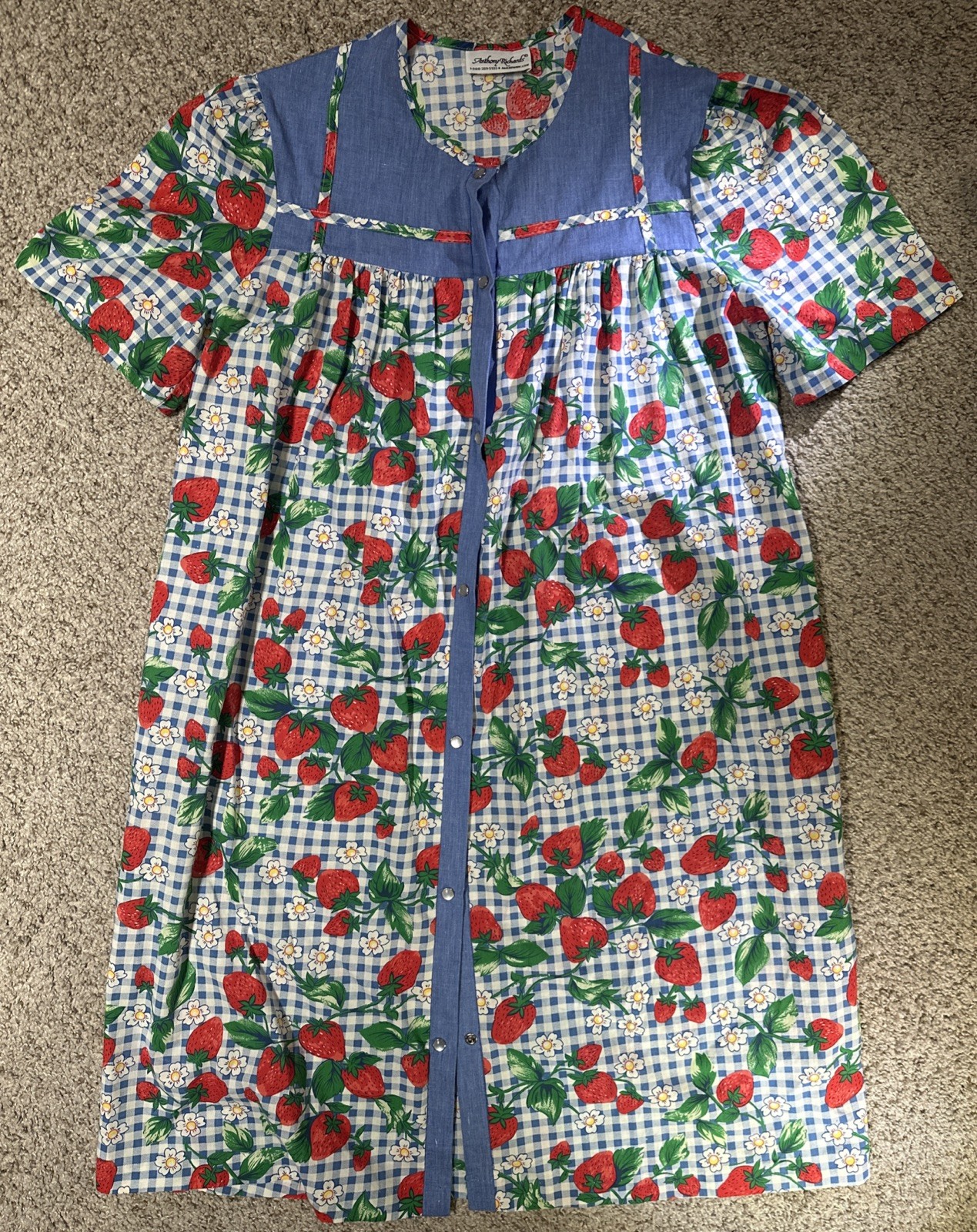 Vintage Anthony Richards Strawberry Gingham House Dress Medium With Pockets