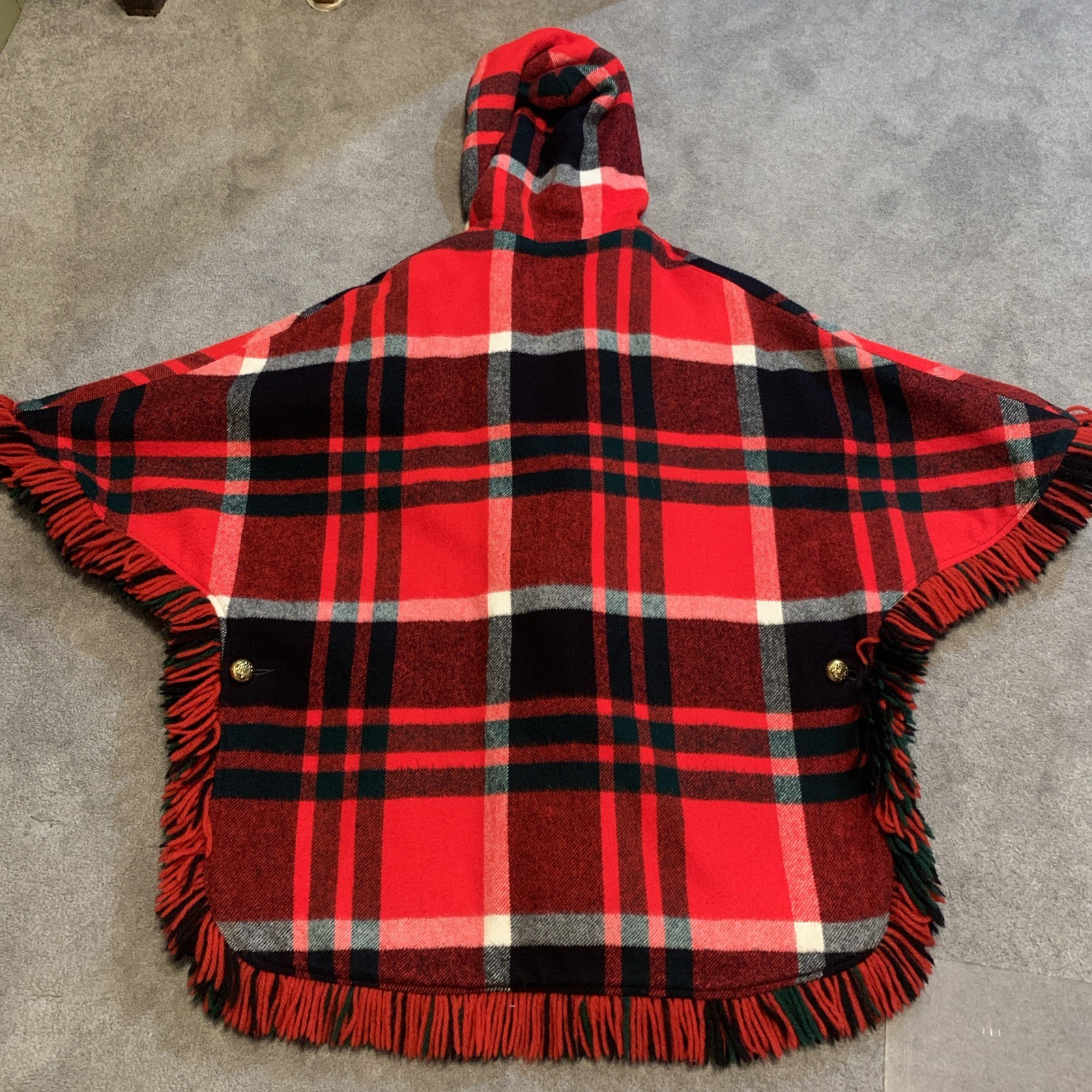 Vintage 70s Red Plaid Wool Blend Reversible Fringe Poncho Cape One Size