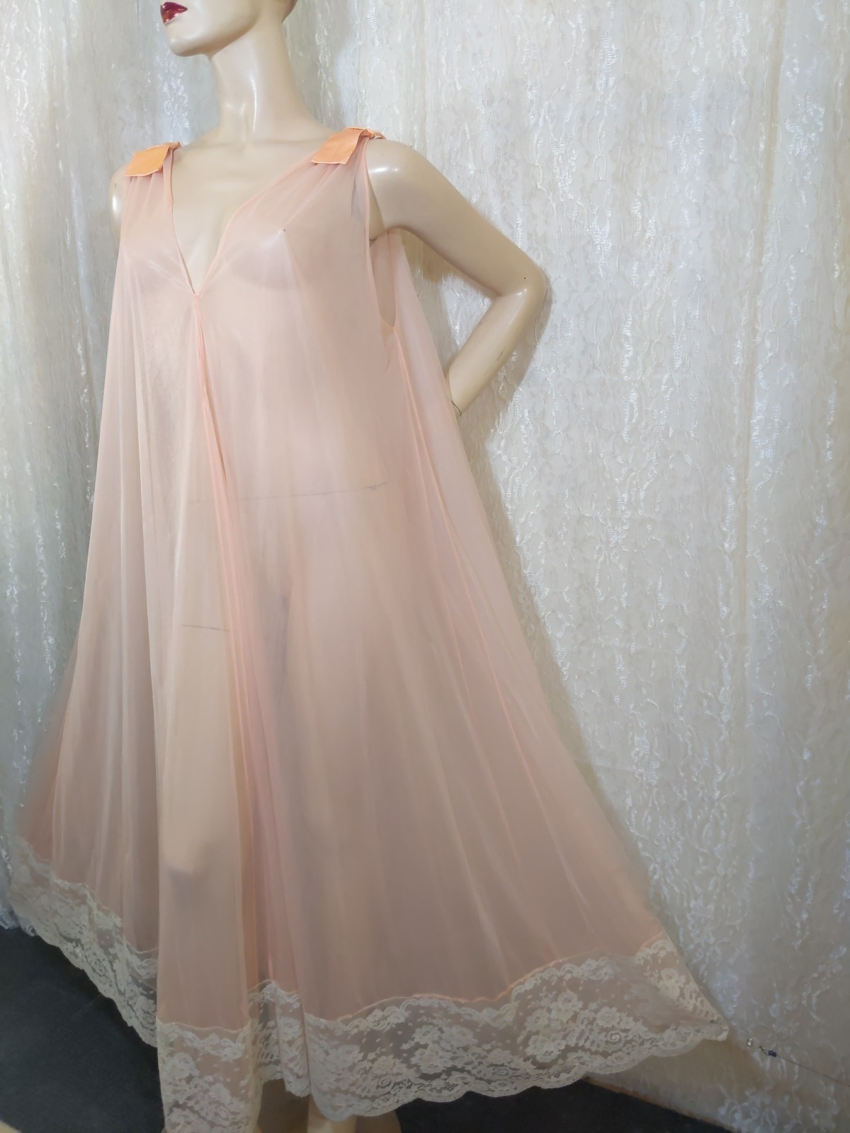 Vintage Double Layer Shear Chiffon Satin Bow Luxurious Lace Peignoir Robe M L XL