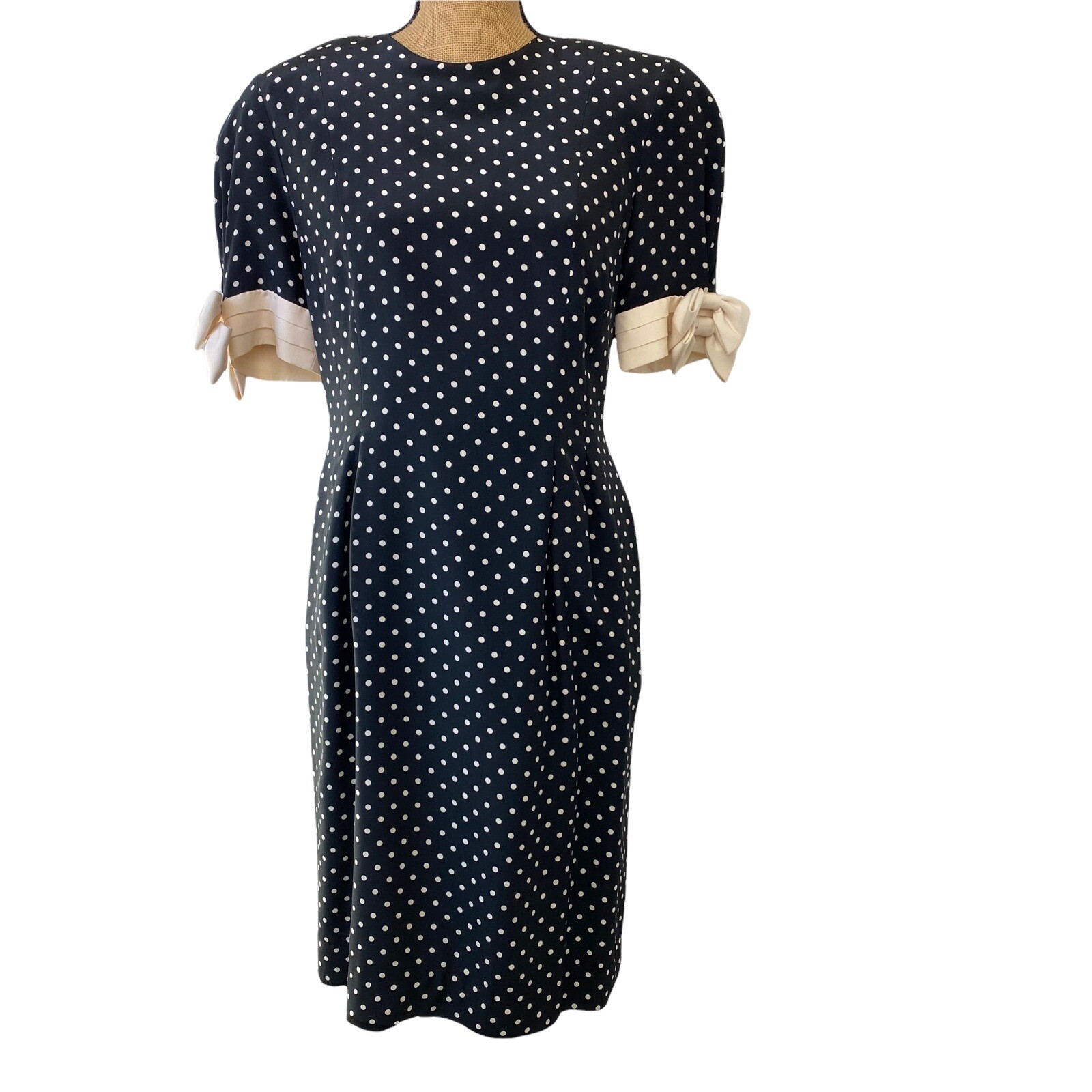 Nipon Boutique Vintage Black and White Polka Dot Silk Dress Size 8 Short Sleeve