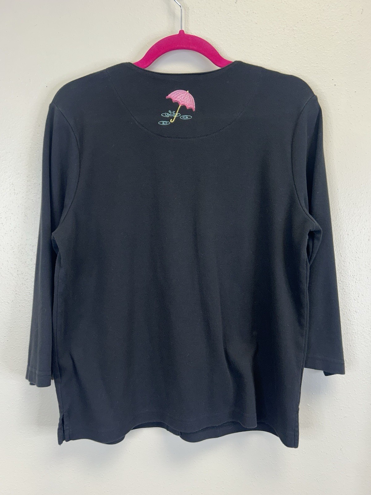 Vintage 90s Umbrella Embroidered Button Up Shirt Size L Petite Black Quirky Fun