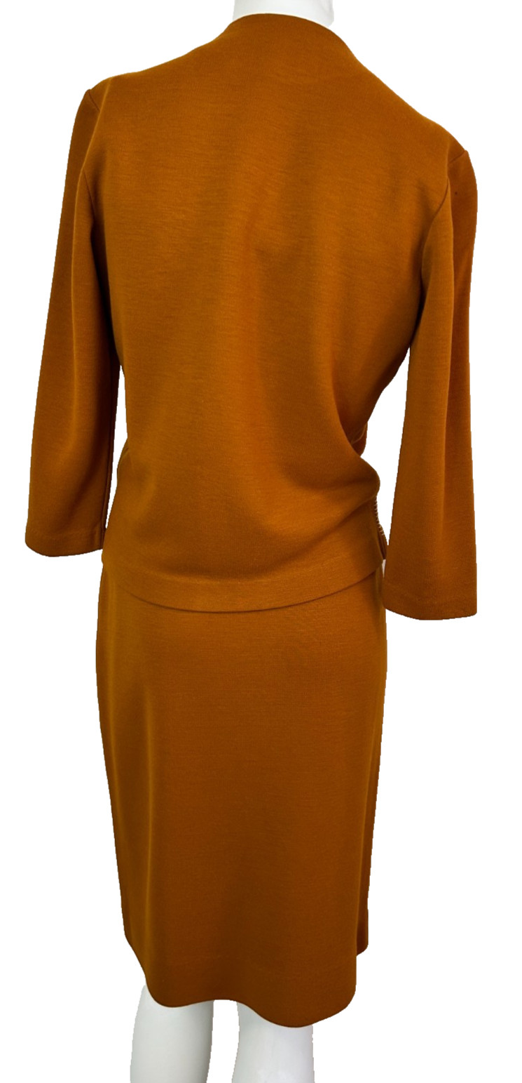 70s Cintura Knit Skirt Suit Size Small Nutmeg Jacket Open Front Top Stitch EUC