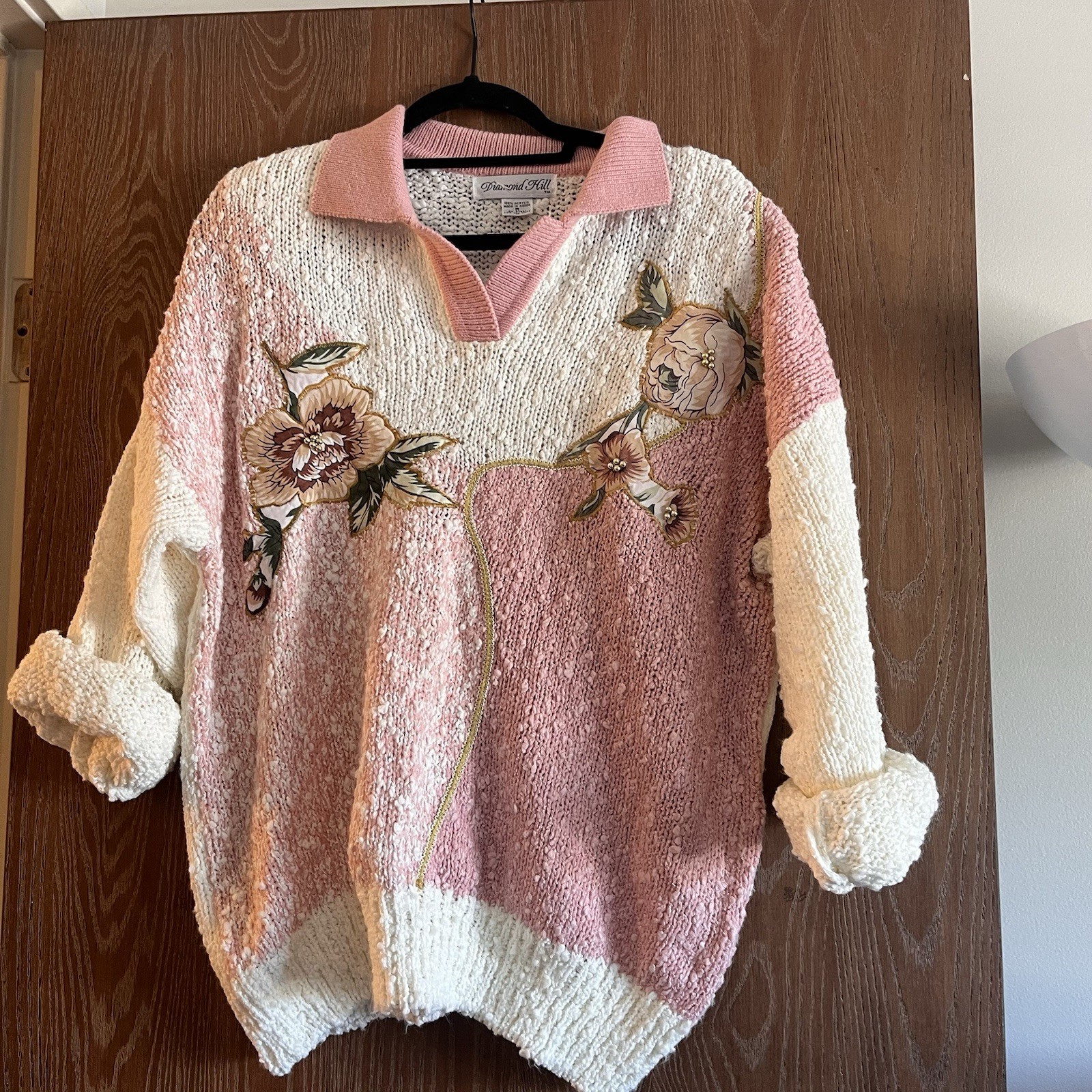 Diamond Hill vintage 80s beaded knit collared sweater pink white medium