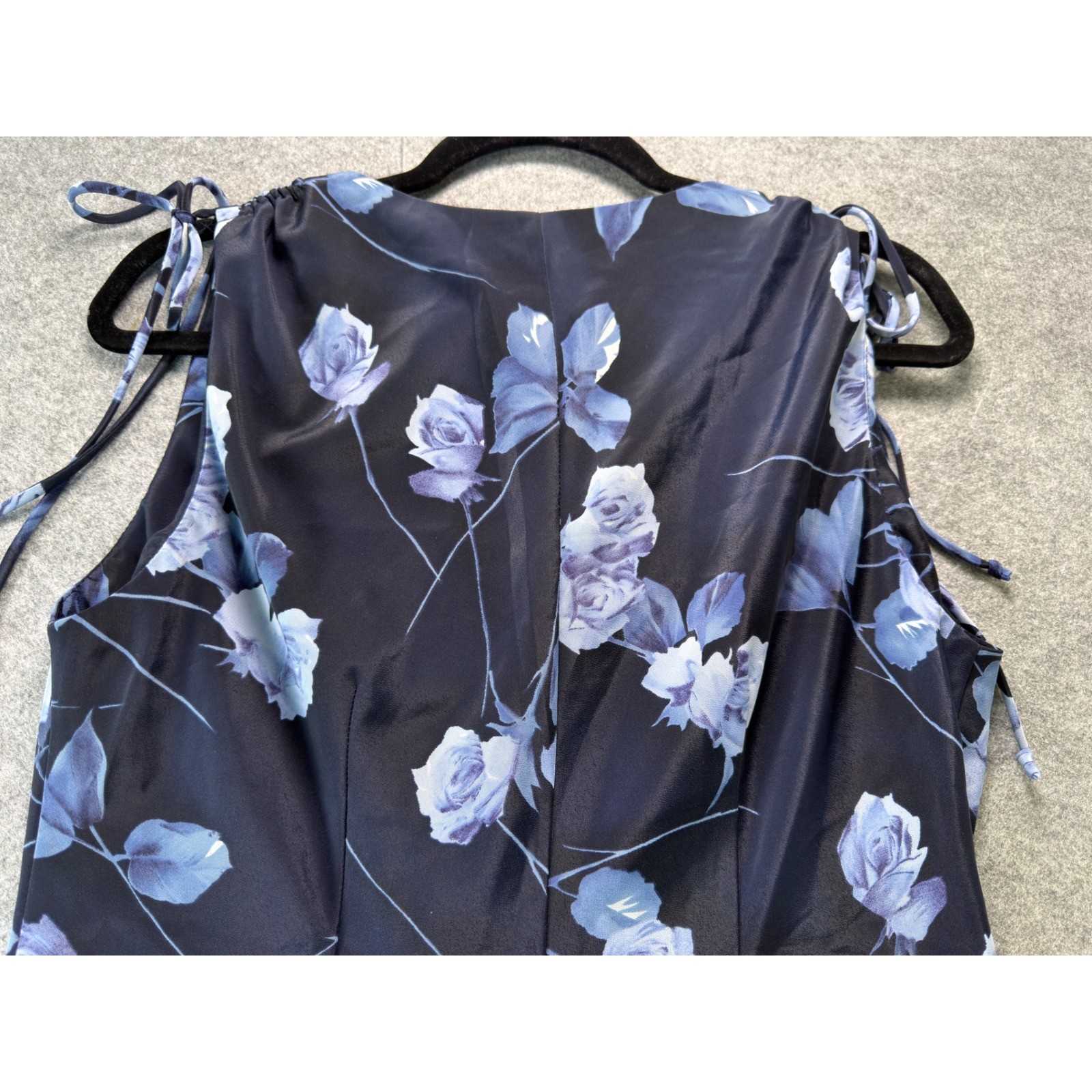 Lisa Jo Floral Midi Dress Women Large Navy Blue Vintage 90s Y2K Tie Shoulder