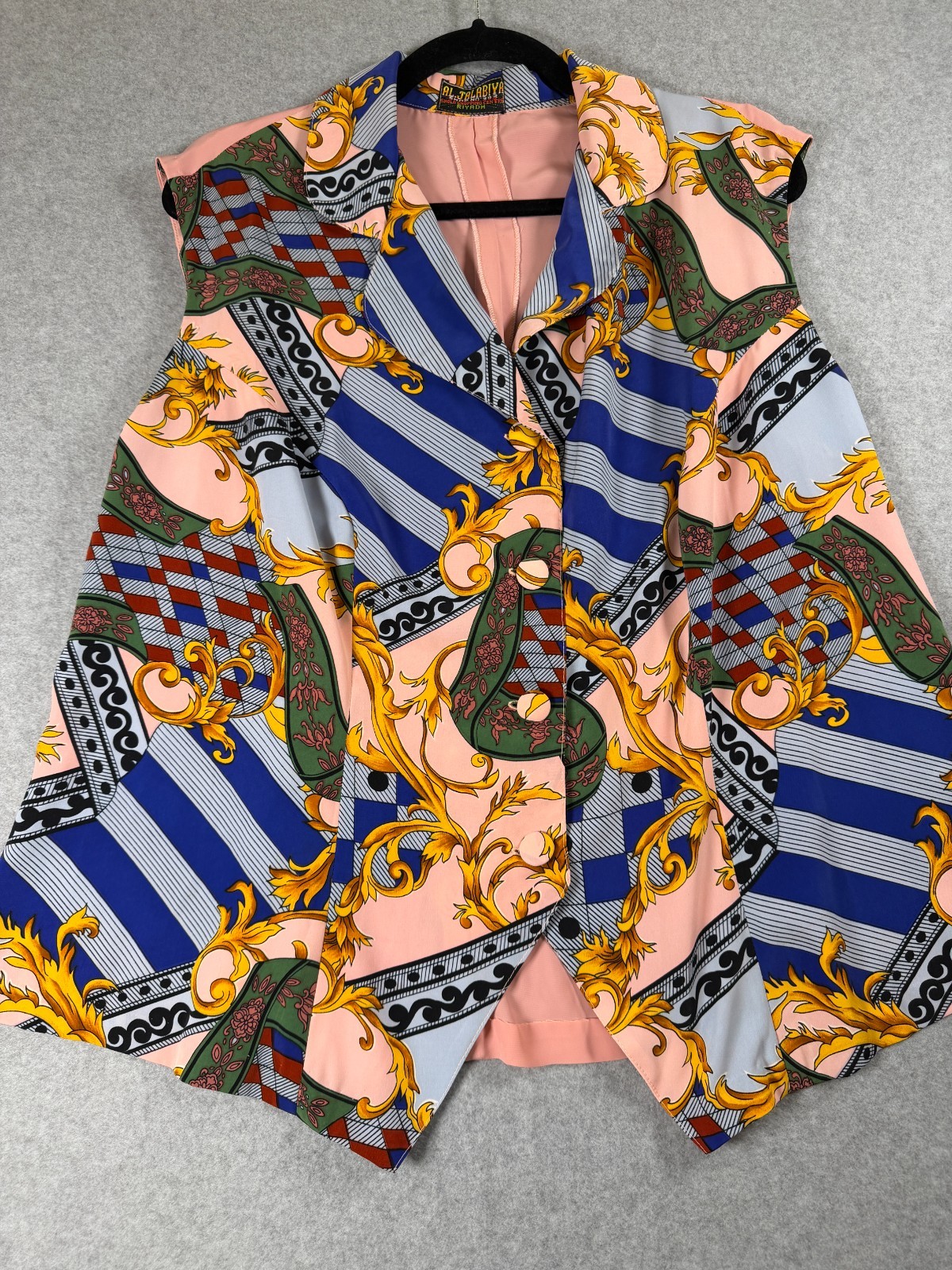Vintage 80s 90s Vest Blouse Baroque Gold Scroll Stripes Print Mob Wife SKU286