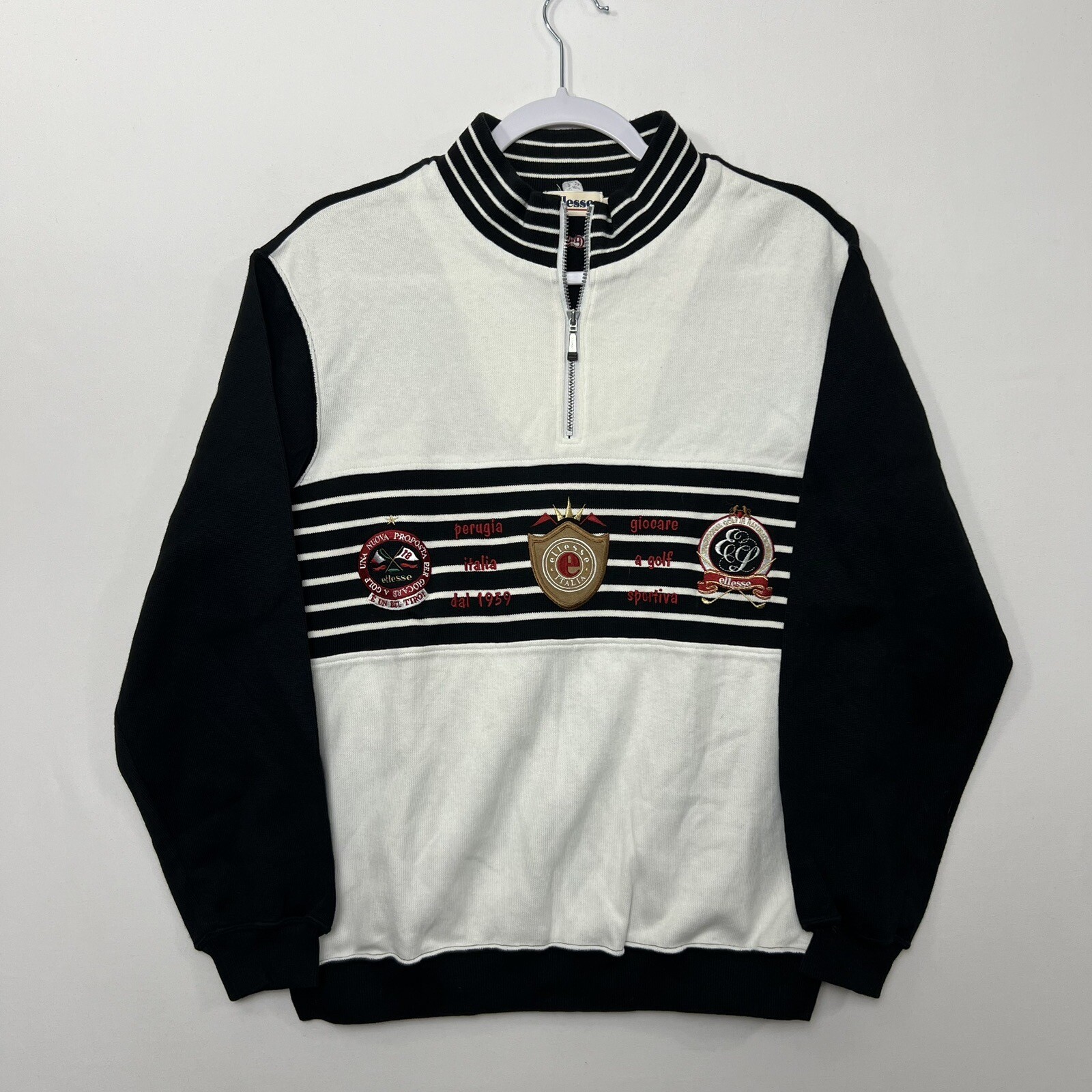 Vintage Ellesse 1/4 Zip Pullover Long Sleeve Sweater Stripes Color Block Large