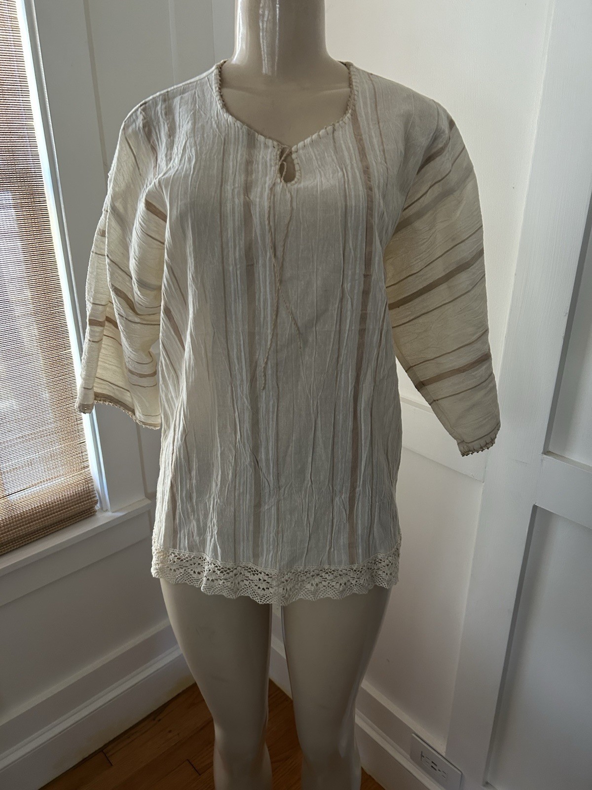 Vtg Cream Gauze Crochet Lace Peasant Top Festival Boho Tunic Embroidered Sz M