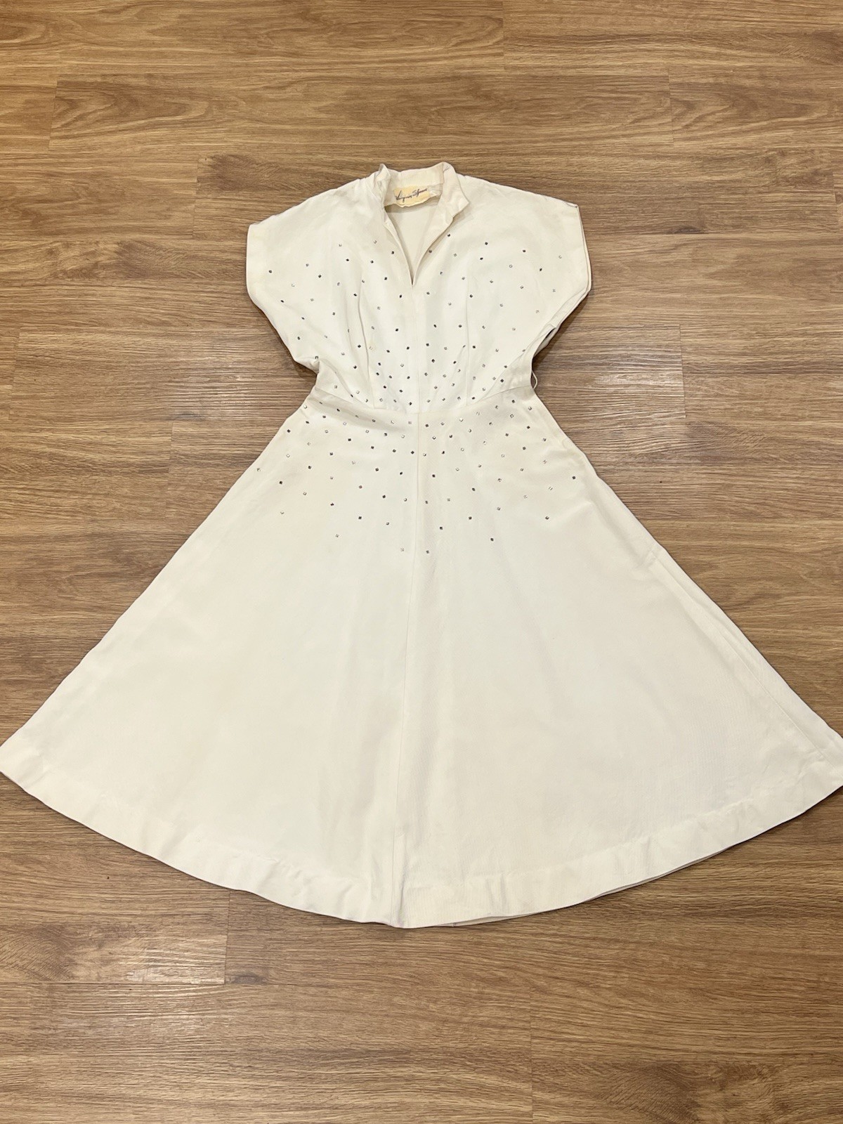 Vintage 1950s Virginia Spear Designer Cream Rhinestone Dress