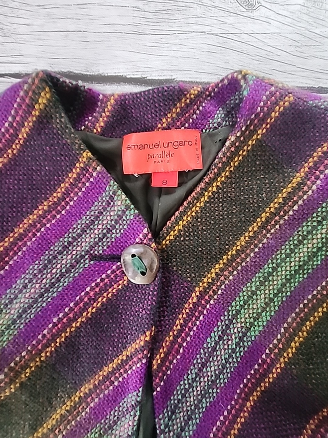 VTG Emanuel Ungaro Parallele Paris Italy Wool Tweed Jacket Sz Med/8 Purple Green