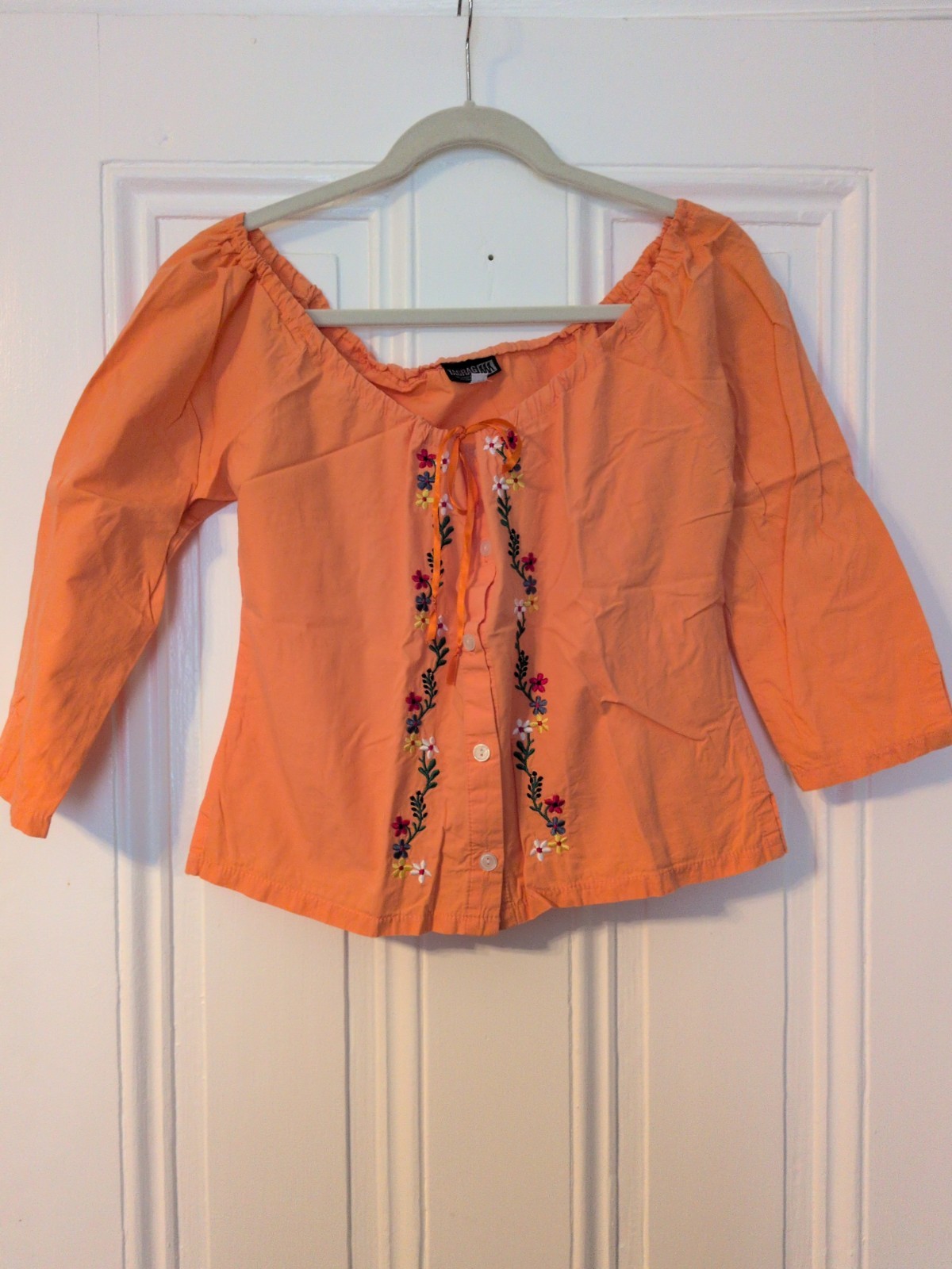 Vintage Women&rsquo;s Embroidered Cotton 3/4 Sleeve Orange Adjustable Drawstring Top M