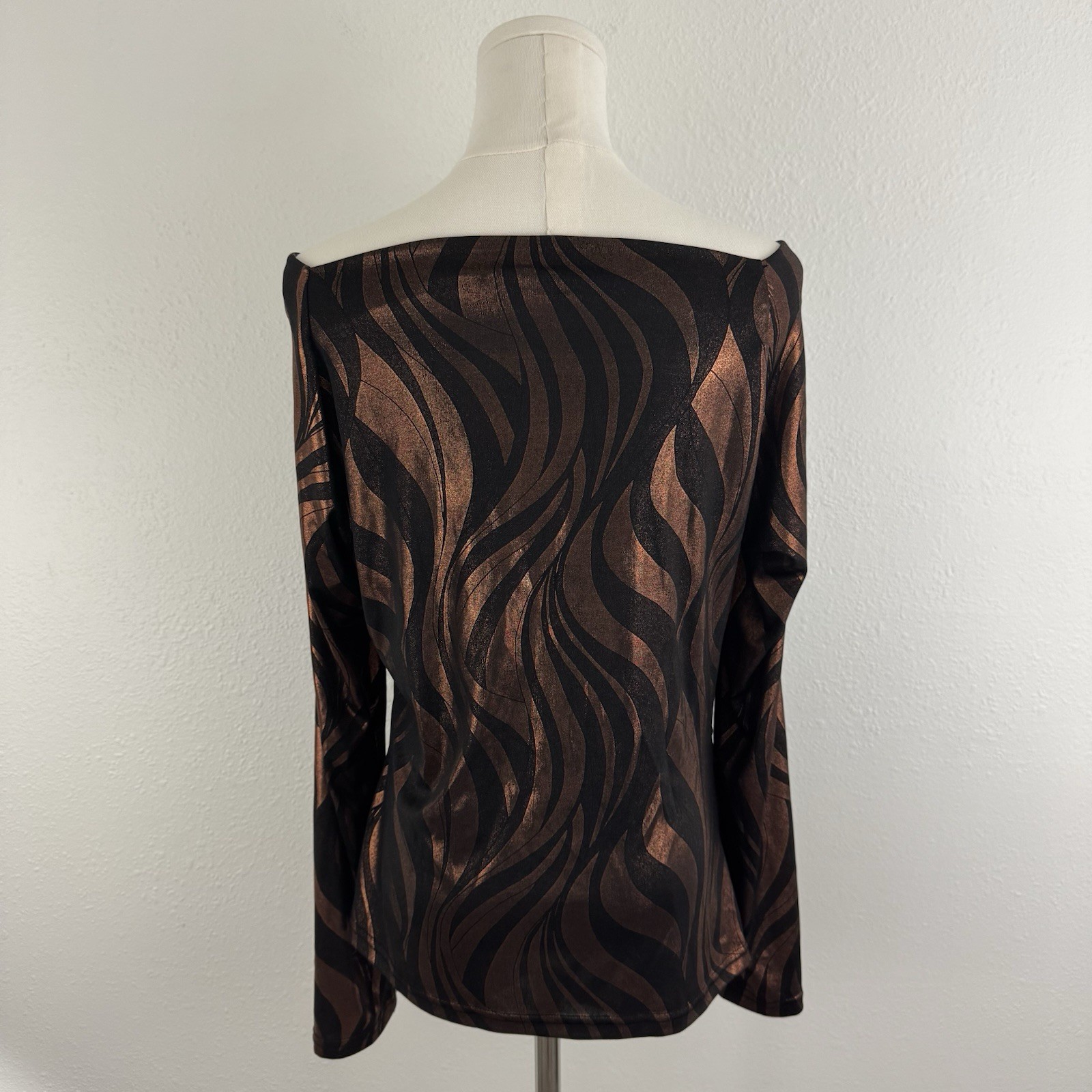 BALI Vintage 90s Brown Metallic Copper Swirl Ruched Stretchy Long Sleeve Top