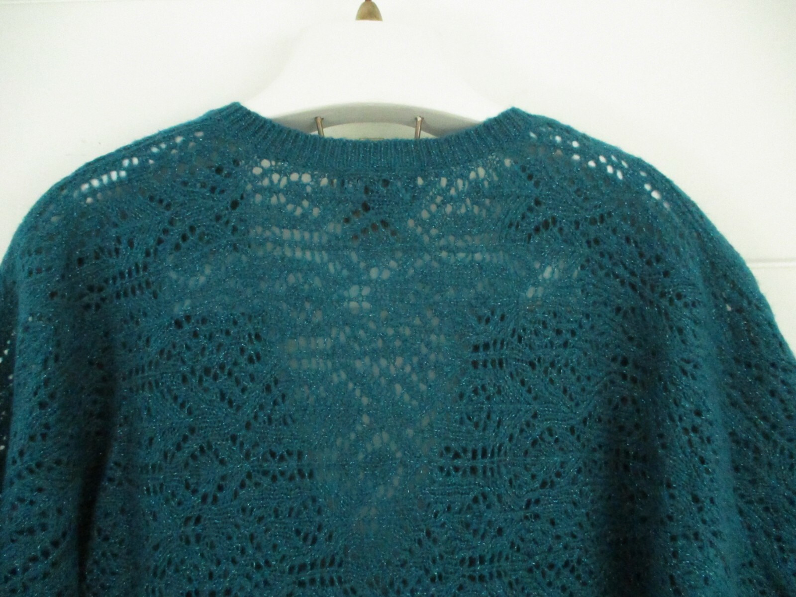 Vintage 1980&rsquo;s A.N.A open Lace Knit Sweater Women Teal Size L 3/4 Kimono Sleeve