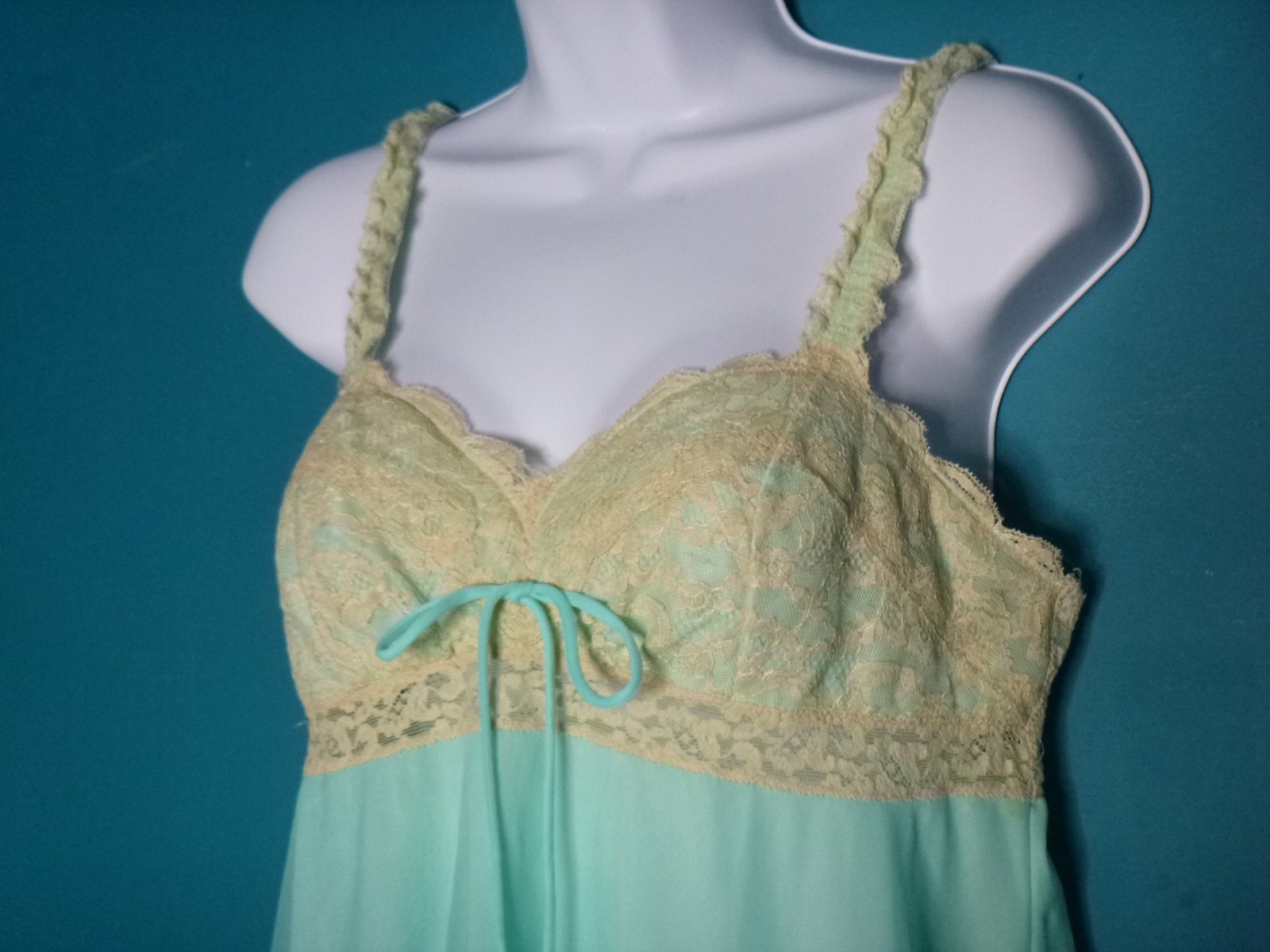 Vtg 60s Olga Sleeping Pretty Nightgown Aqua Double Layer Nylon Chiffon Sz M