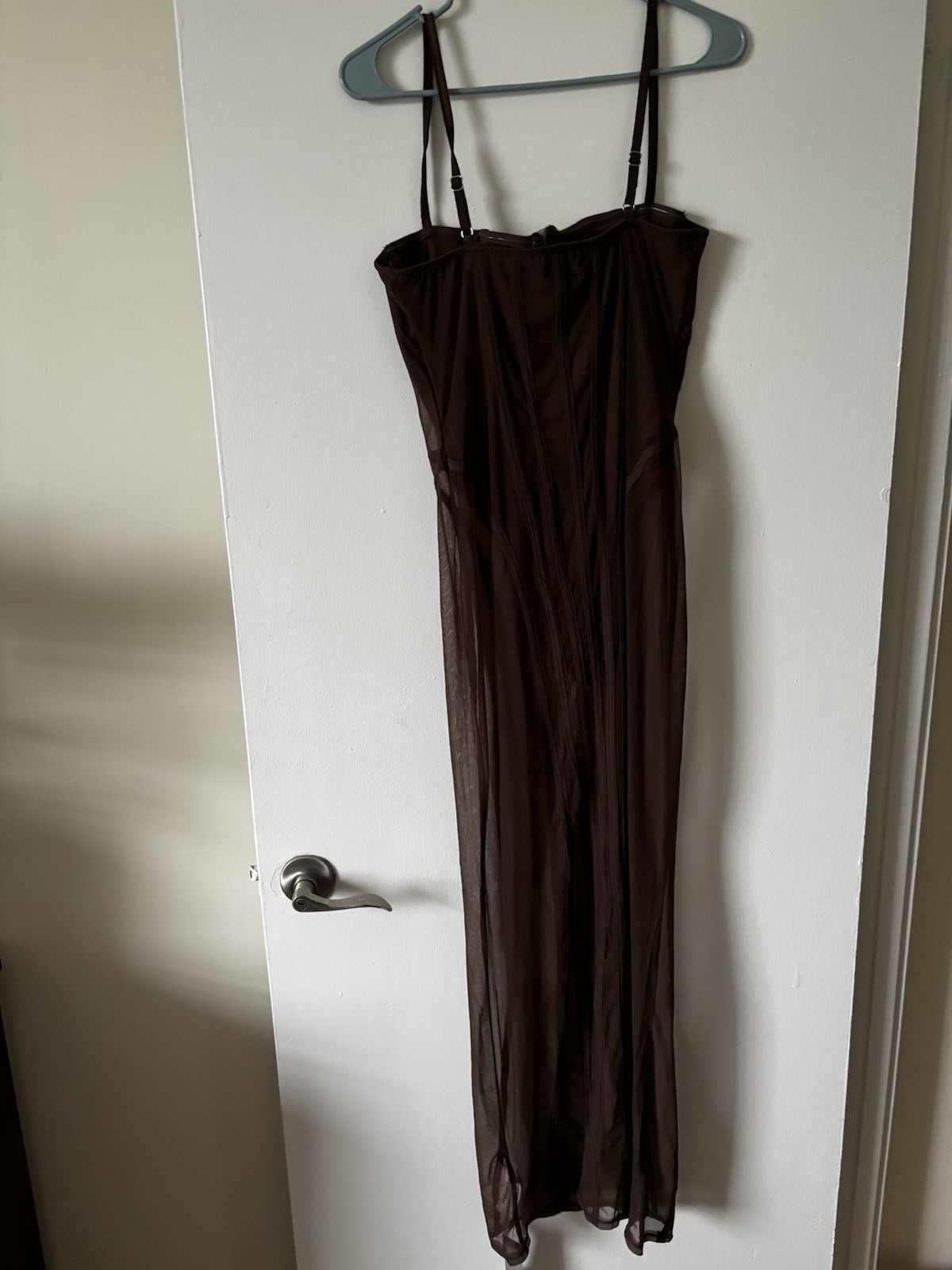 Women&rsquo;s Brown Full Slip Spaghetti Strap Lingerie Dress with Sheer Overlay