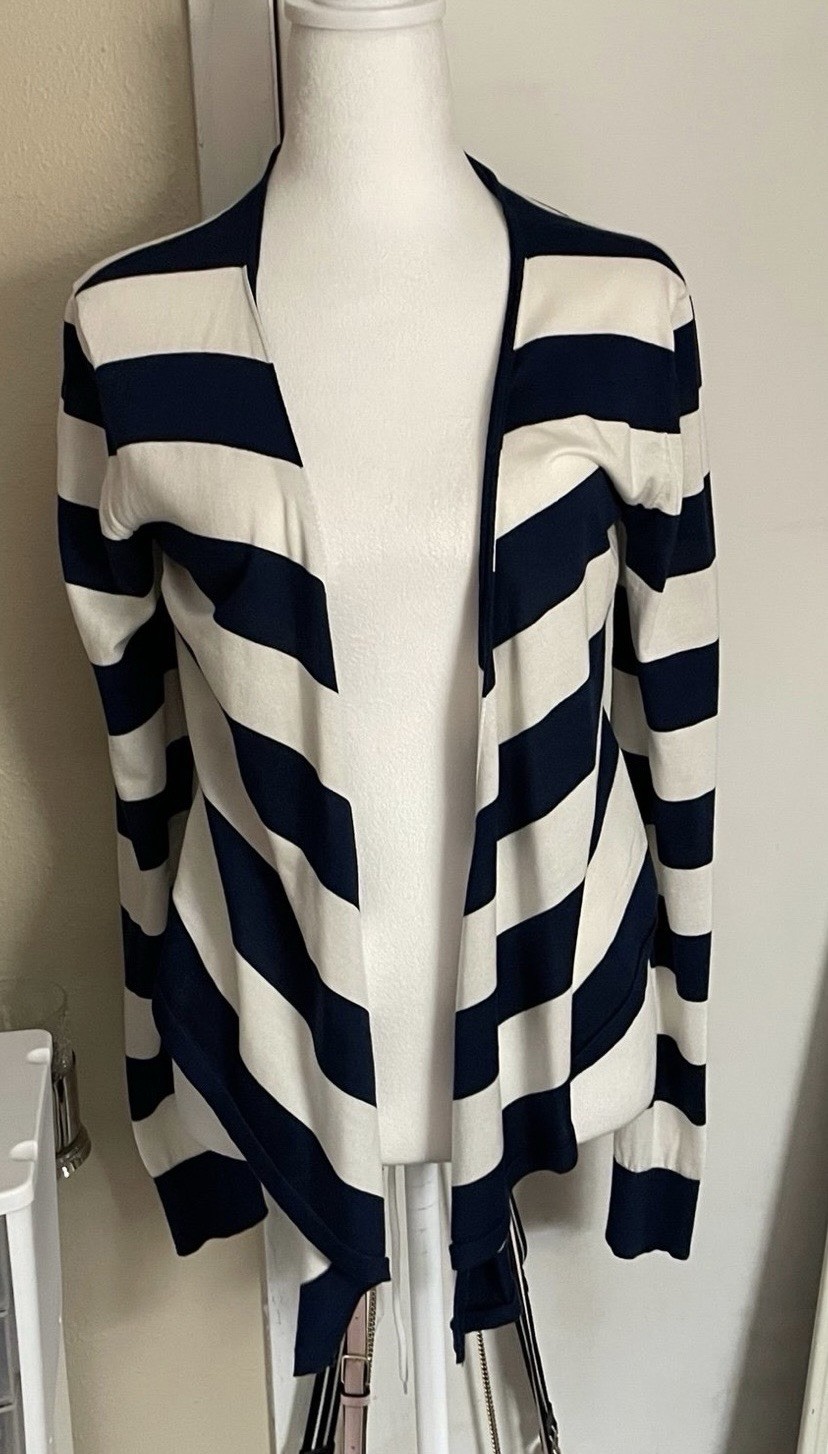 Authentic Dolce & Gabbana 100% Silk Navy Ivory Striped Open Front Cardigan