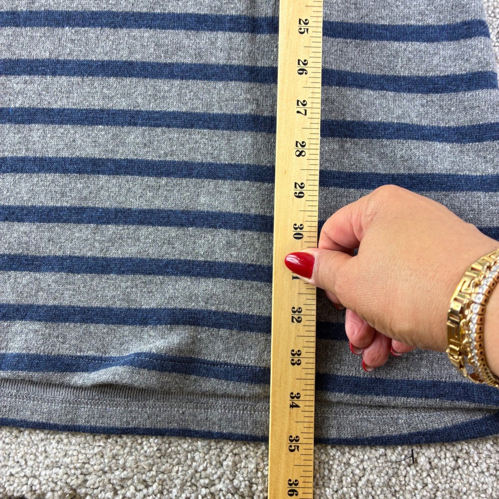 Fine Garments by Bell Wool Blend Striped Dress L Blue Striped Ruffle Neck A Line