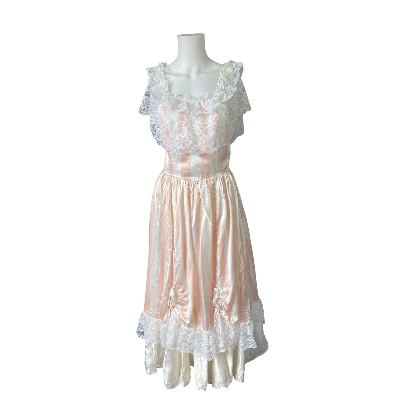 Vintage Precious Moments Prom Dress Ball Gown Peach Ivory Stripe Lace Cupcake