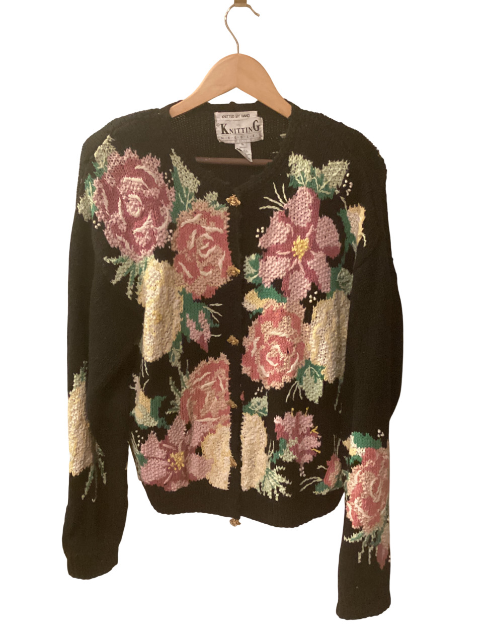 Vintage Flower Bee cardigan hand knit sweater Ramie Cotton Blend Floral Handknit