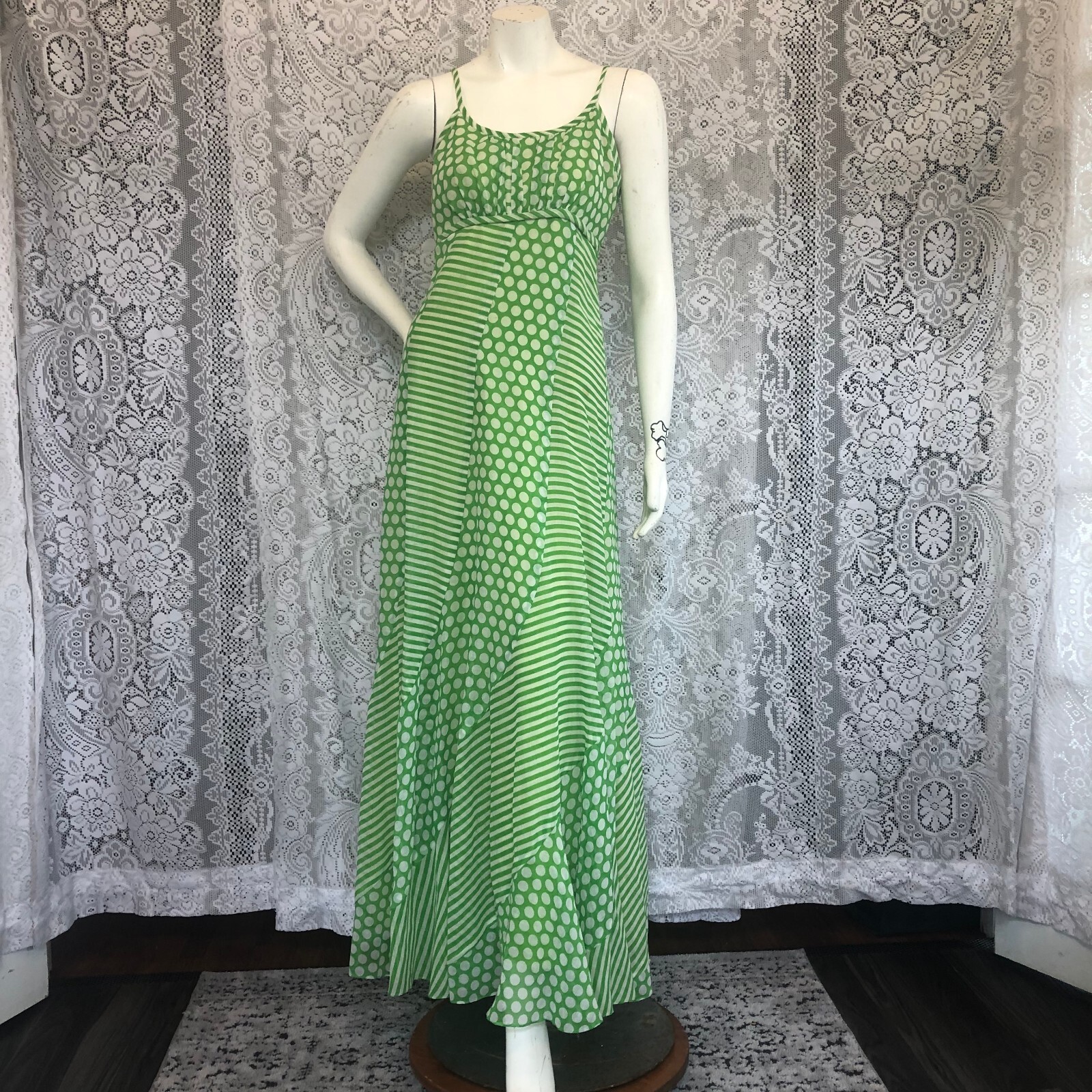 70&rsquo;s Vintage Green White Polka Dot Striped Maxi Dress Medium Large Sexy Gorgeous