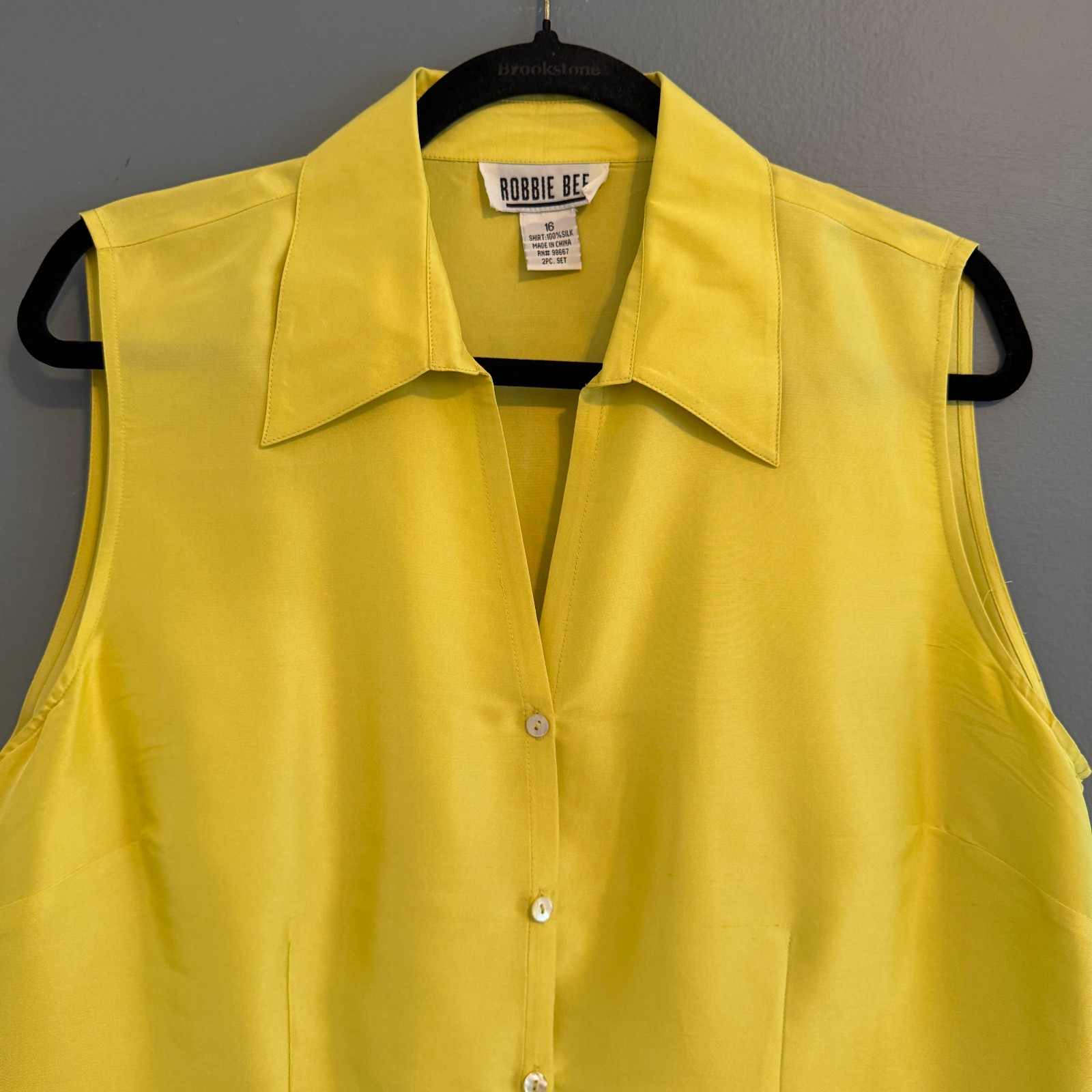 Vtg Robbie Bee Silk Sleeveless Solid Lime Blouse & Floral Pant Both SIZE 16