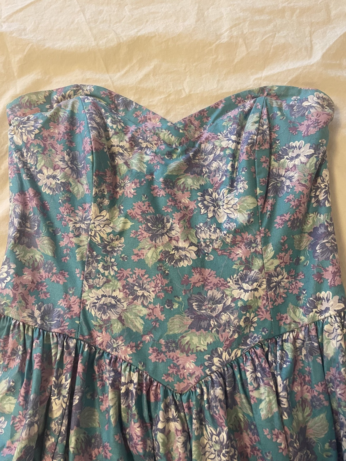 Laura Ashley Vintage 90s Floral Strapless Dress Aqua Purple US Sz 10 runs small