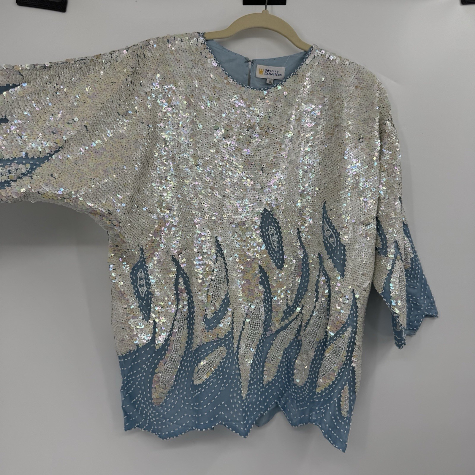 Vintage SILK Top Blue Waves Dolman Sleeves SEQUINS PEARLS All over Sz L NOS