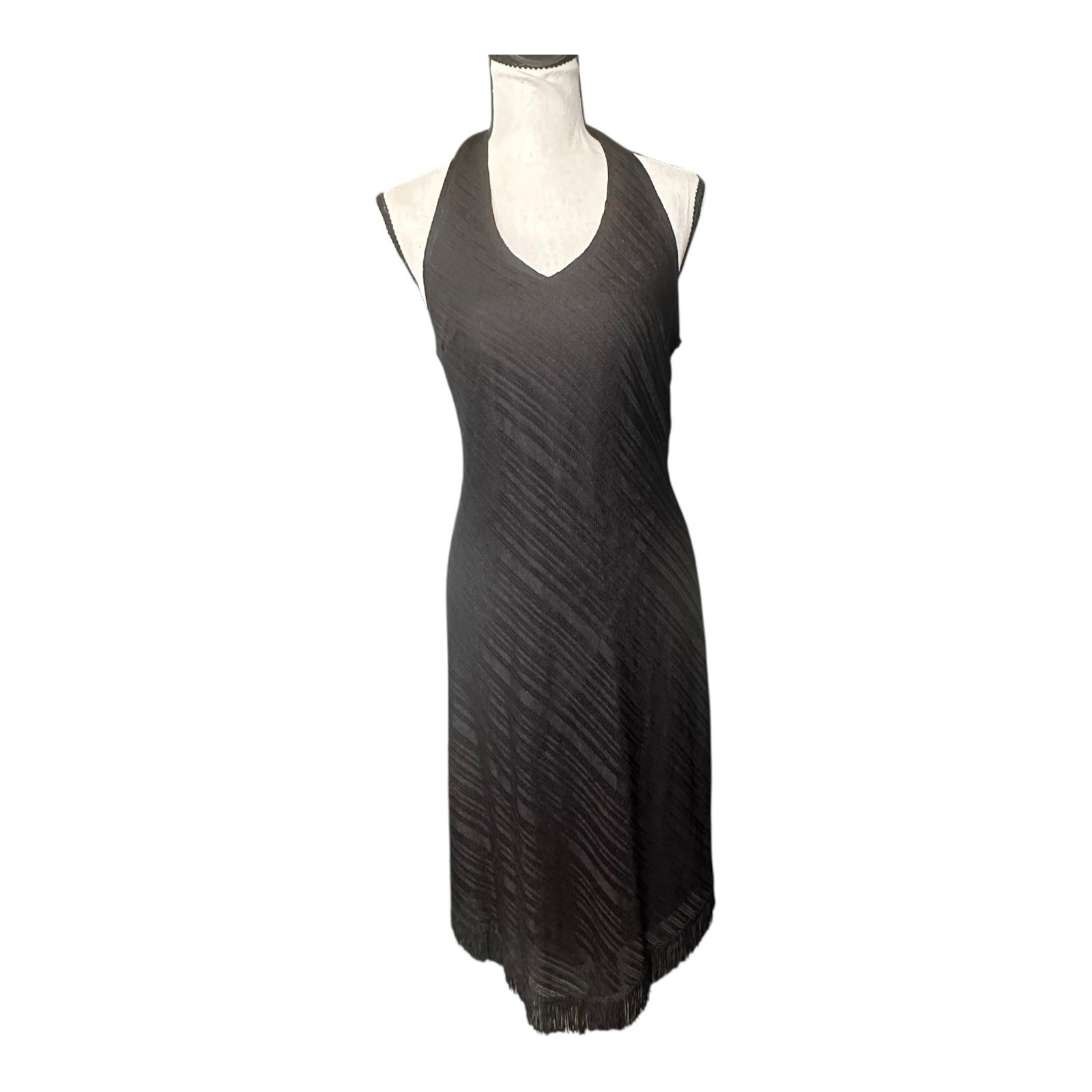 Vintage California Concepts Black Halter Fringe Hem Dress Large Made in USA