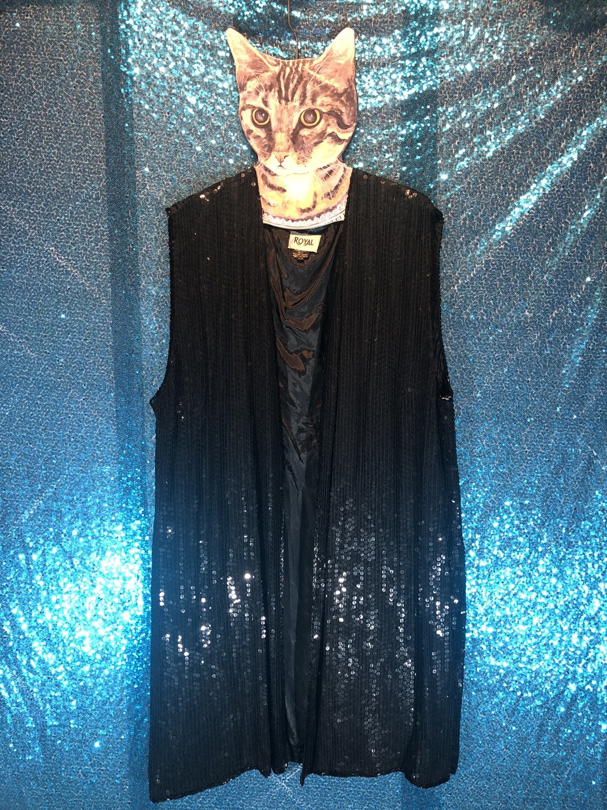 Vintage “Royal” Black Silk Sequined Sleeveless Jacket/Duster~XXL