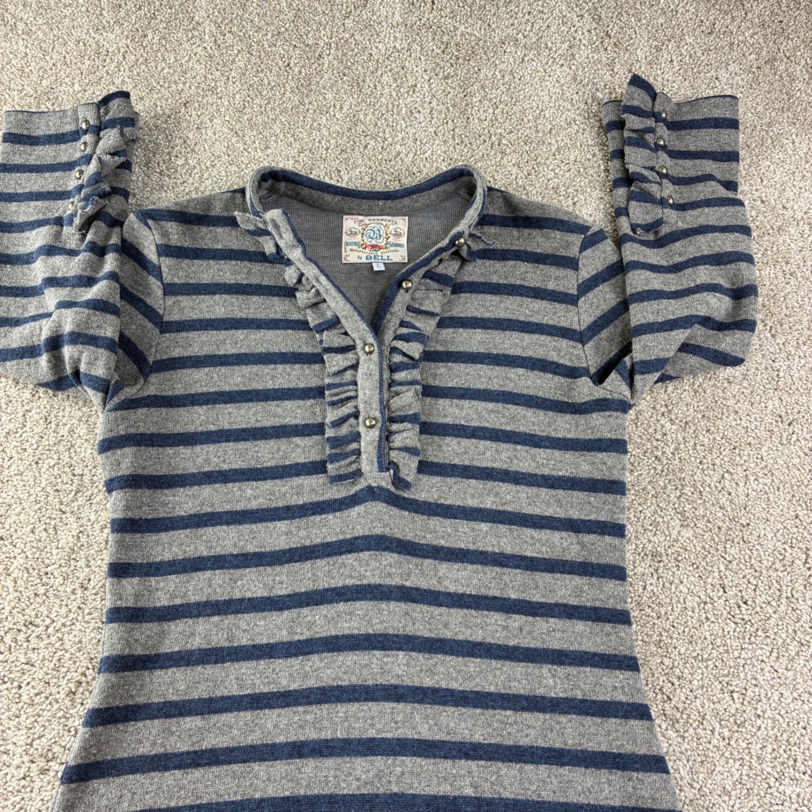 Fine Garments by Bell Wool Blend Striped Dress L Blue Striped Ruffle Neck A Line