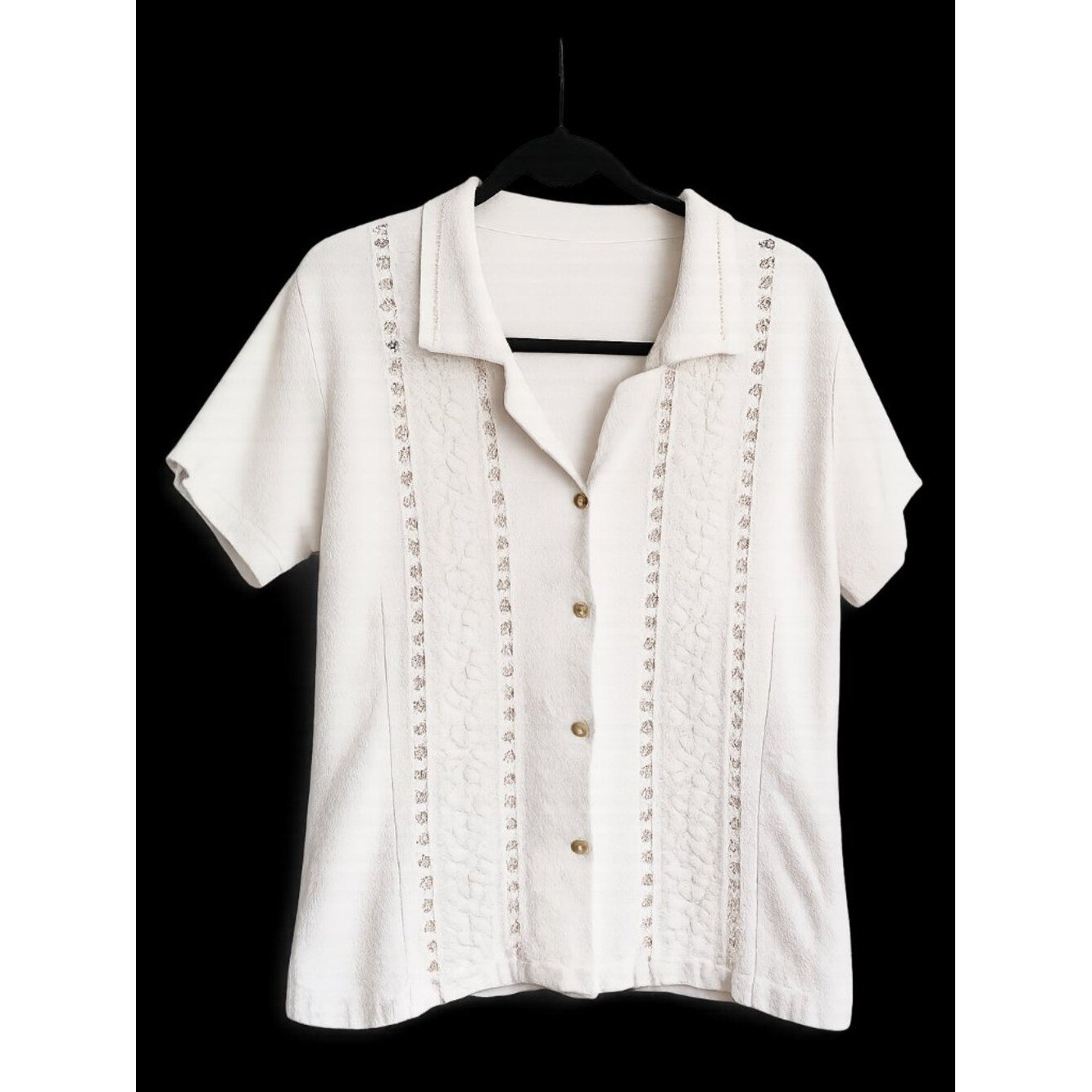 Vintage White Textured Button Front Blouse, Lace Detail, Cottagecore, Size M