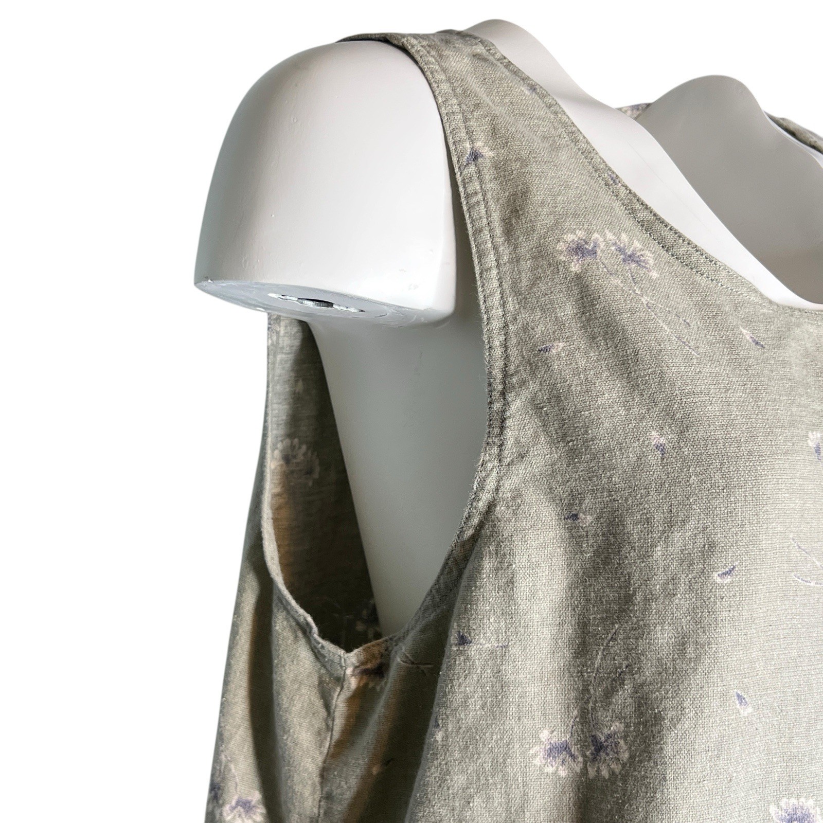 Vtg Erika Cottagecore Midi Dress Womens L Beige Floral Linen Blend Sleeveless