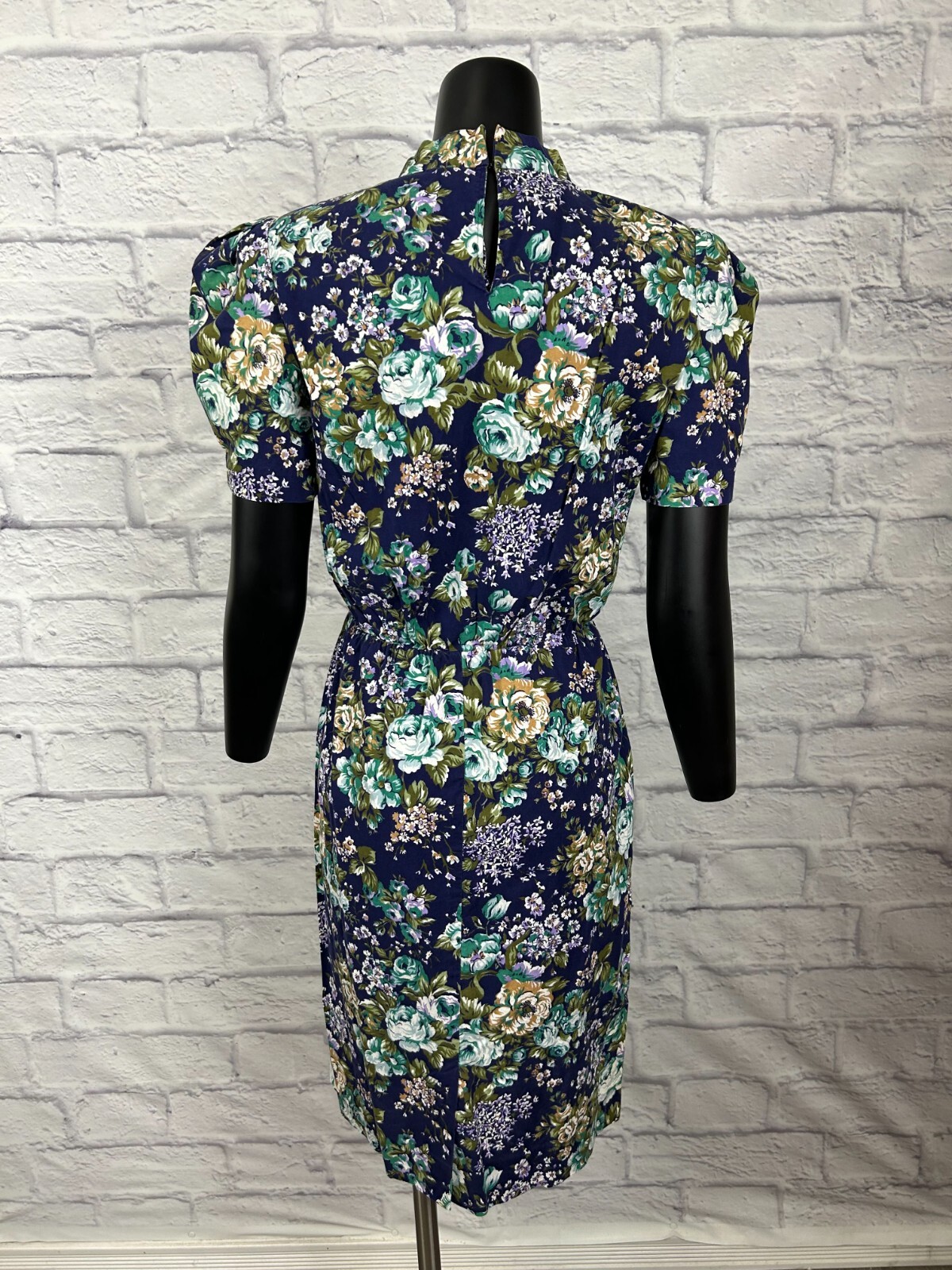Vintage 90s High Neck Shoulder Pads Multi-color Floral Handmade Women&rsquo;s Dress
