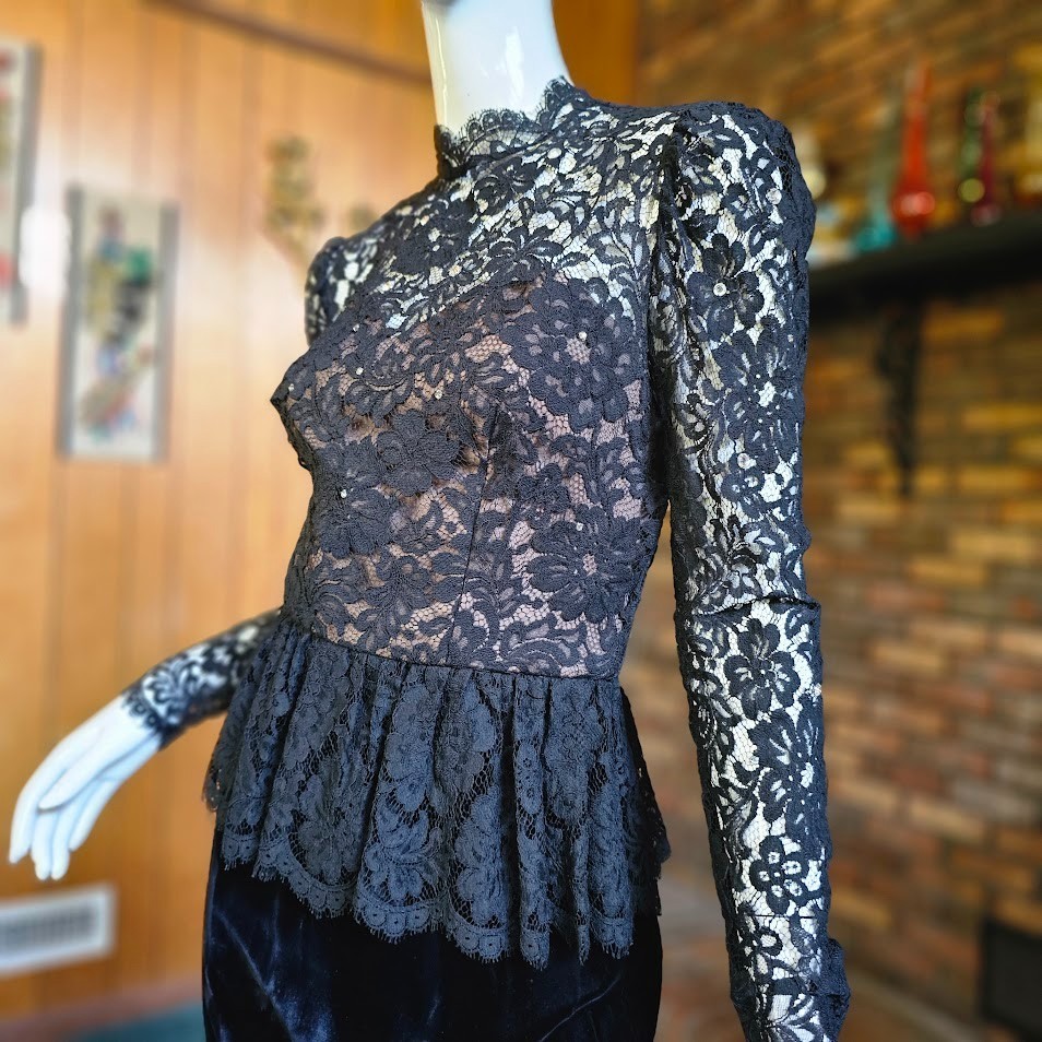 Vtg 80s do 1940s Nude Illusion Black Lace Lillie Rubin Velvet Cocktail Dress S/M