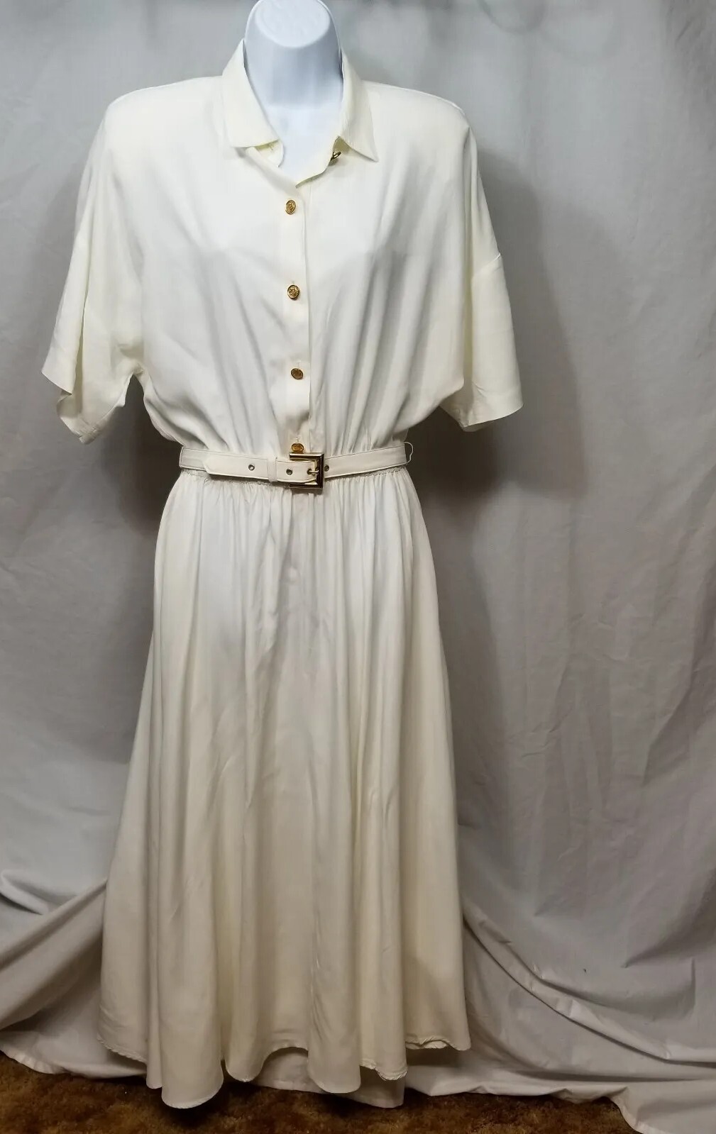 Wild Rose Vintage 1980s Women&rsquo;s Off White Belted Button-Up Long Dress Size 12